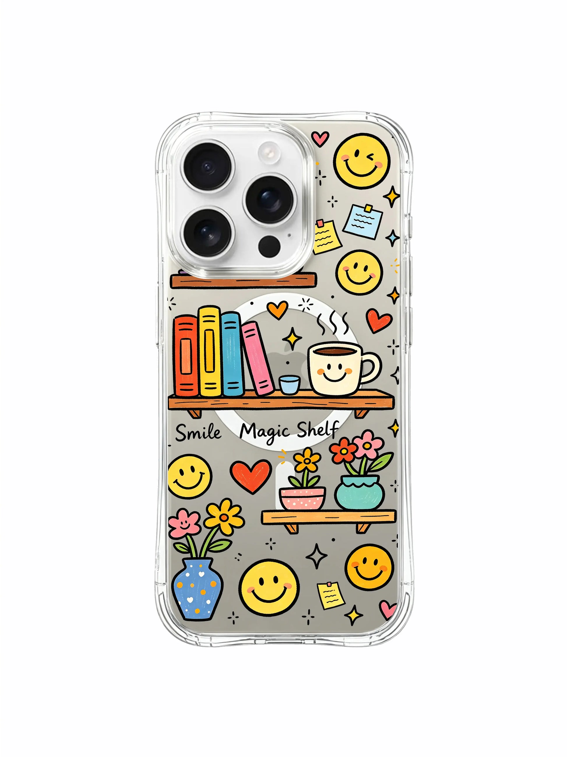 PhoneCasing iPhone 16 Pro Max trendy art clear casing for bookworm aesthetic women, playful Smiley Magic Shelf stacked book and daisy doodle print