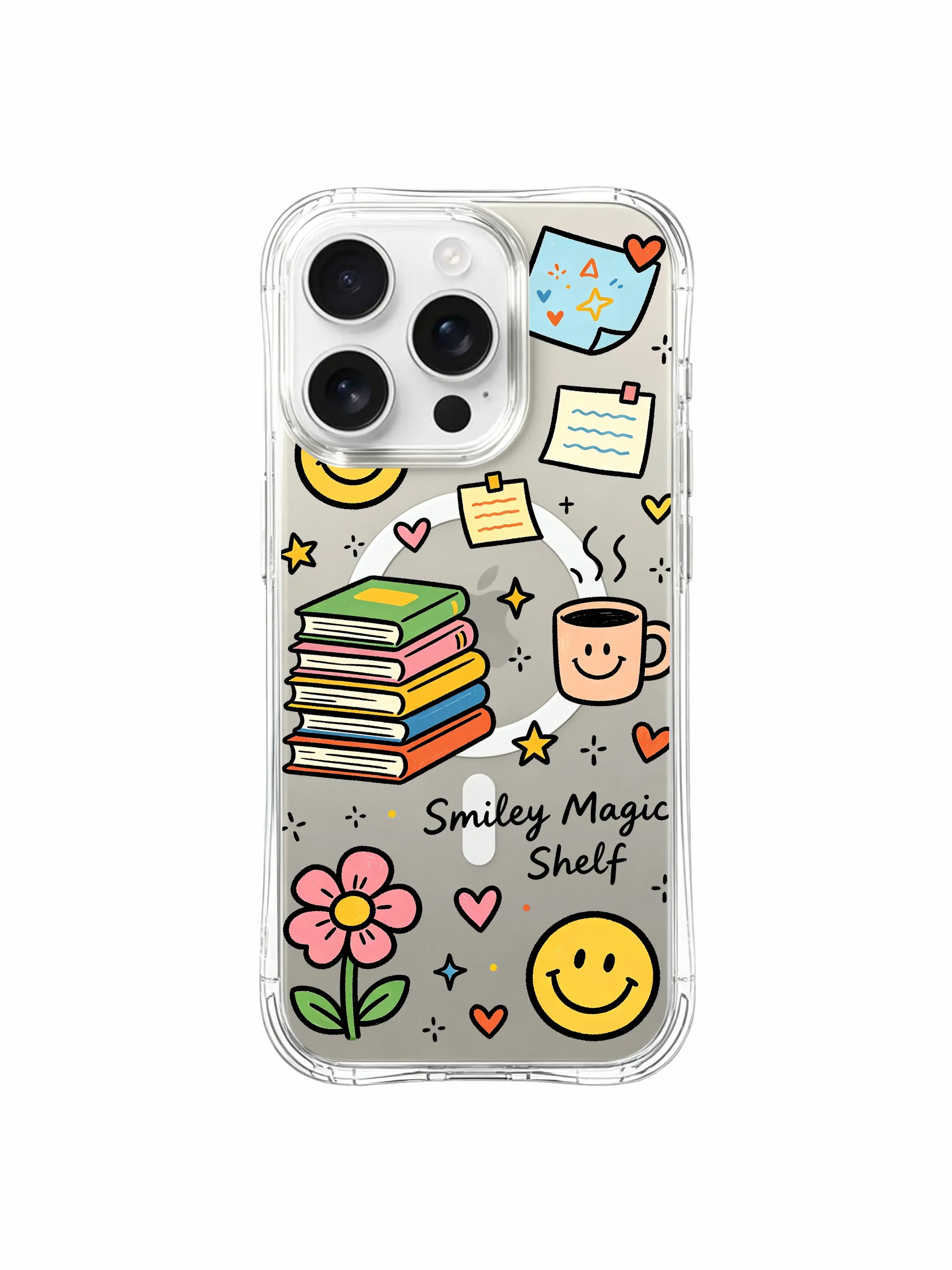 PhoneCasing iPhone 16 Pro Max flexible durable clear phone casing with bright saturated Smiley Magic Shelf book, flower and smiley doodle line art
