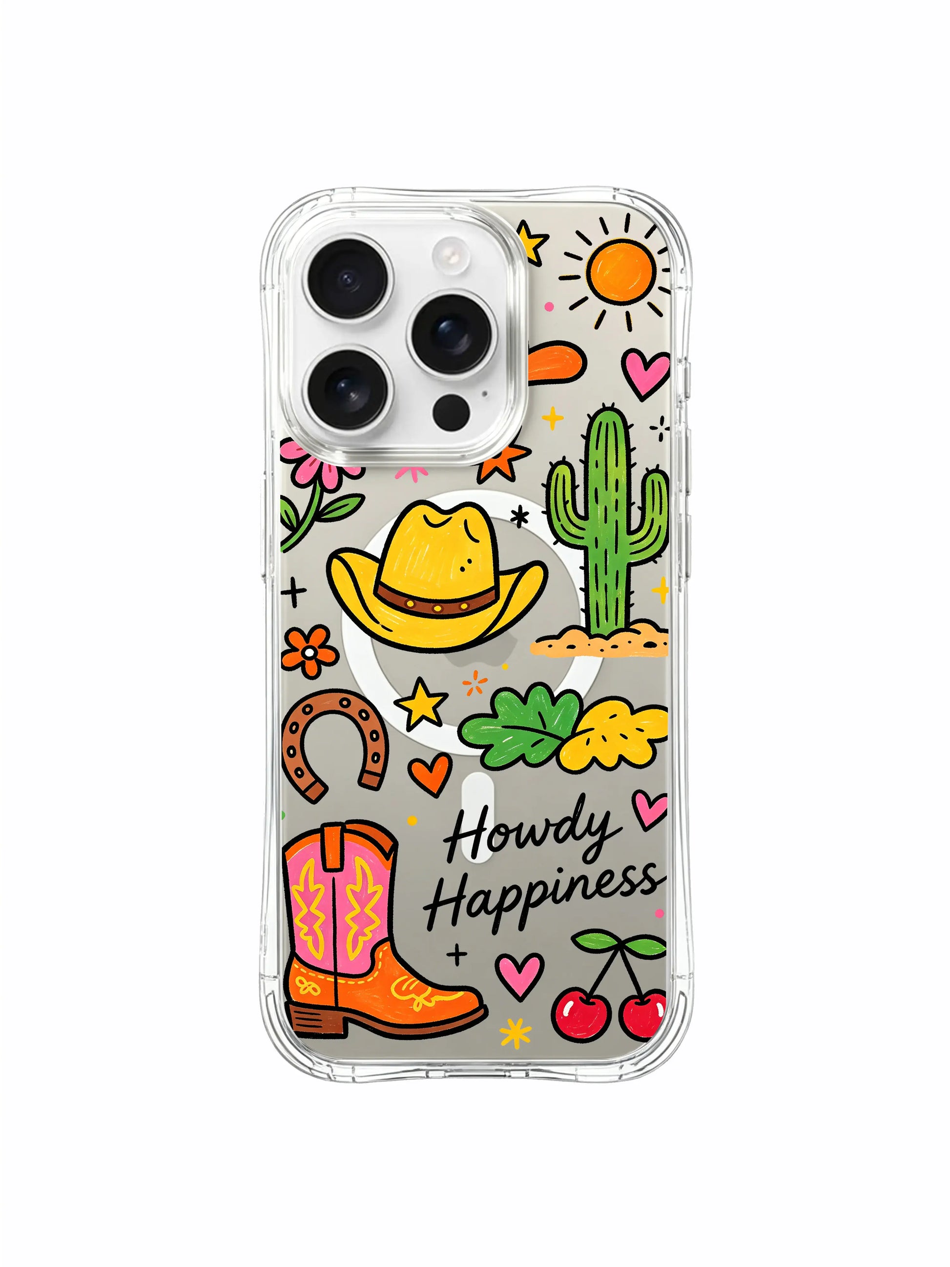 PhoneCasing iPhone 16 Pro Max flexible durable clear phone casing with bright saturated Howdy Happiness western cactus, star and heart doodles