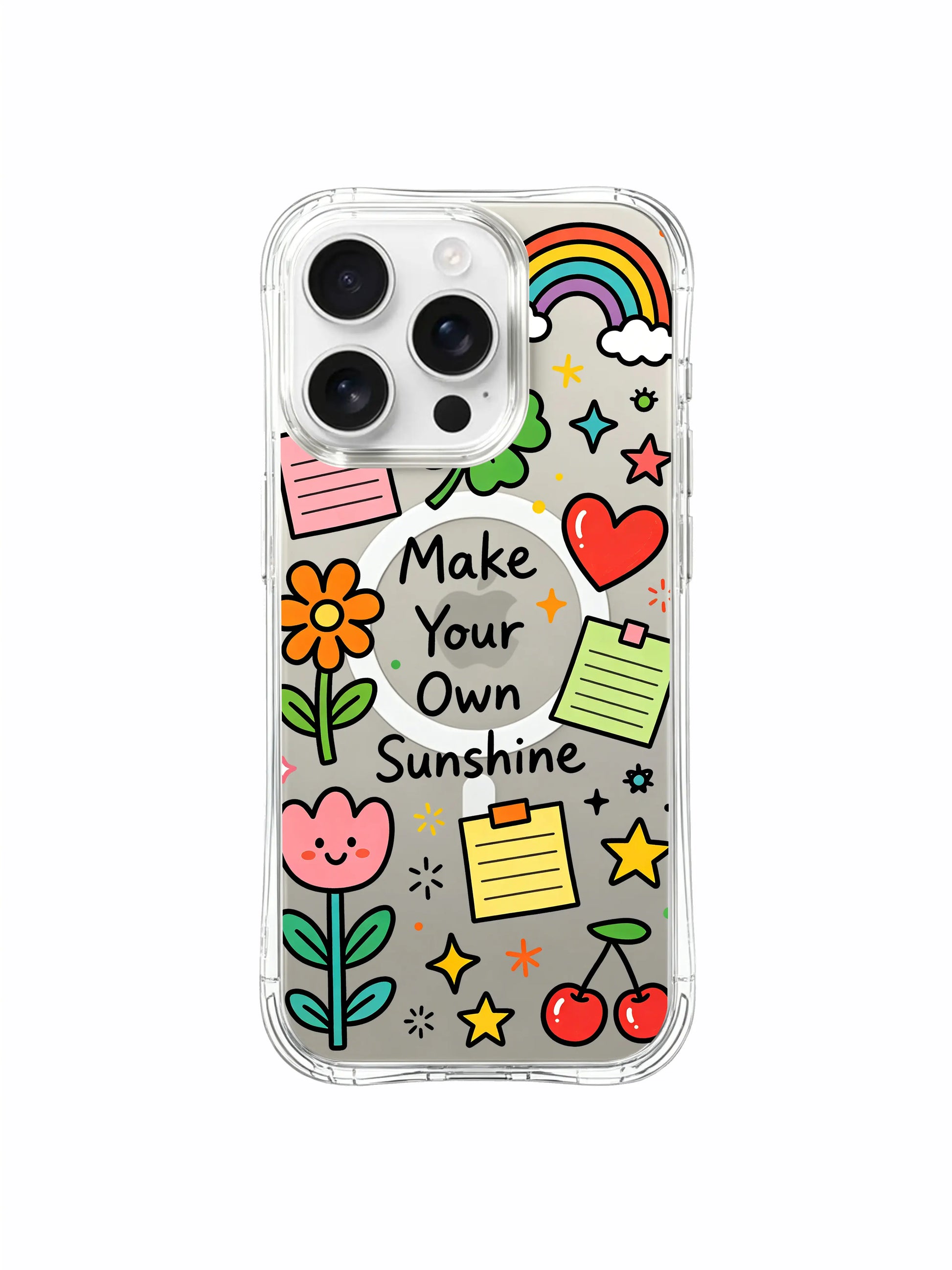 PhoneCasing iPhone 16 Pro Max flexible durable clear phone casing with bright saturated Make Your Own Sunshine rainbow, clover and heart doodle line art