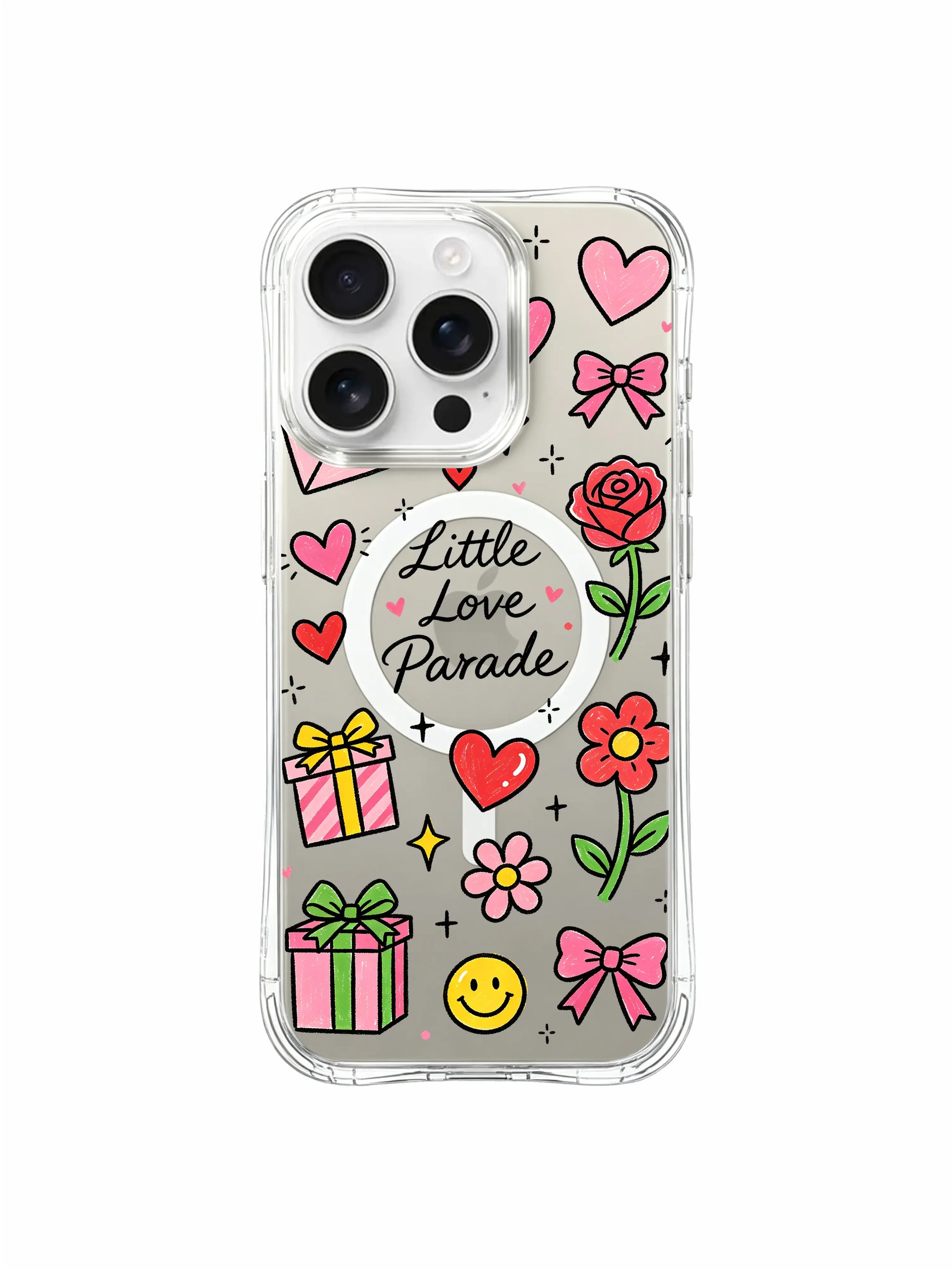 PhoneCasing iPhone 16 Pro Max durable clear phone casing with bright pastel Little Love Parade bow, flower and heart doodles
