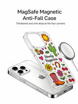 PhoneCasing iPhone 16 Pro Max four-corner anti-drop clear case covered in cute cactus, cowboy hat and western boot doodles from Sunny Charm Howdy Happiness series