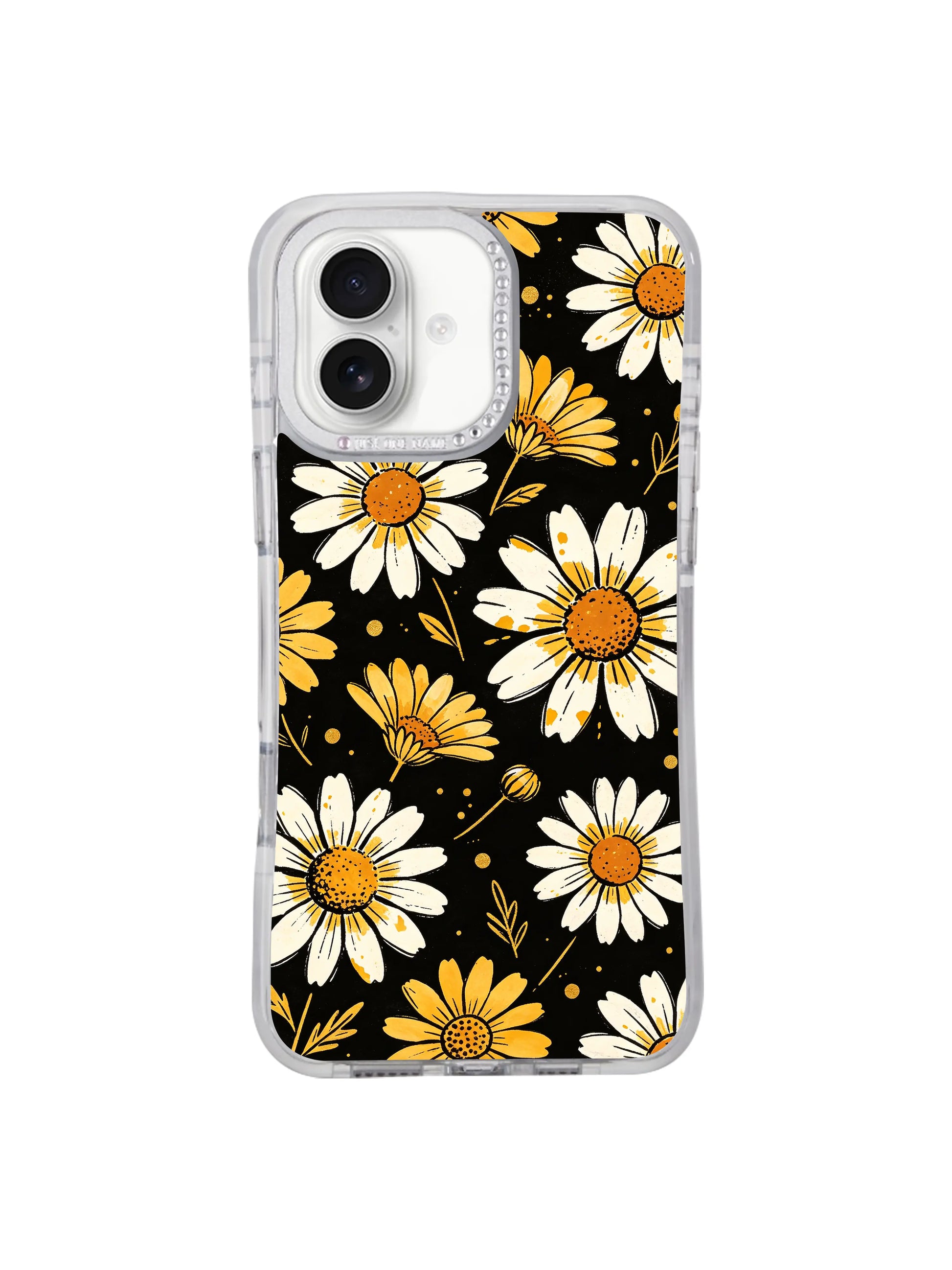 Isolated studio shot of handmade California printed White Bloom Signal iPhone 16 pro max casing, limited Estrella Nocturna floral artwork PhoneCasing protective cover for iPhone 16 pro max.