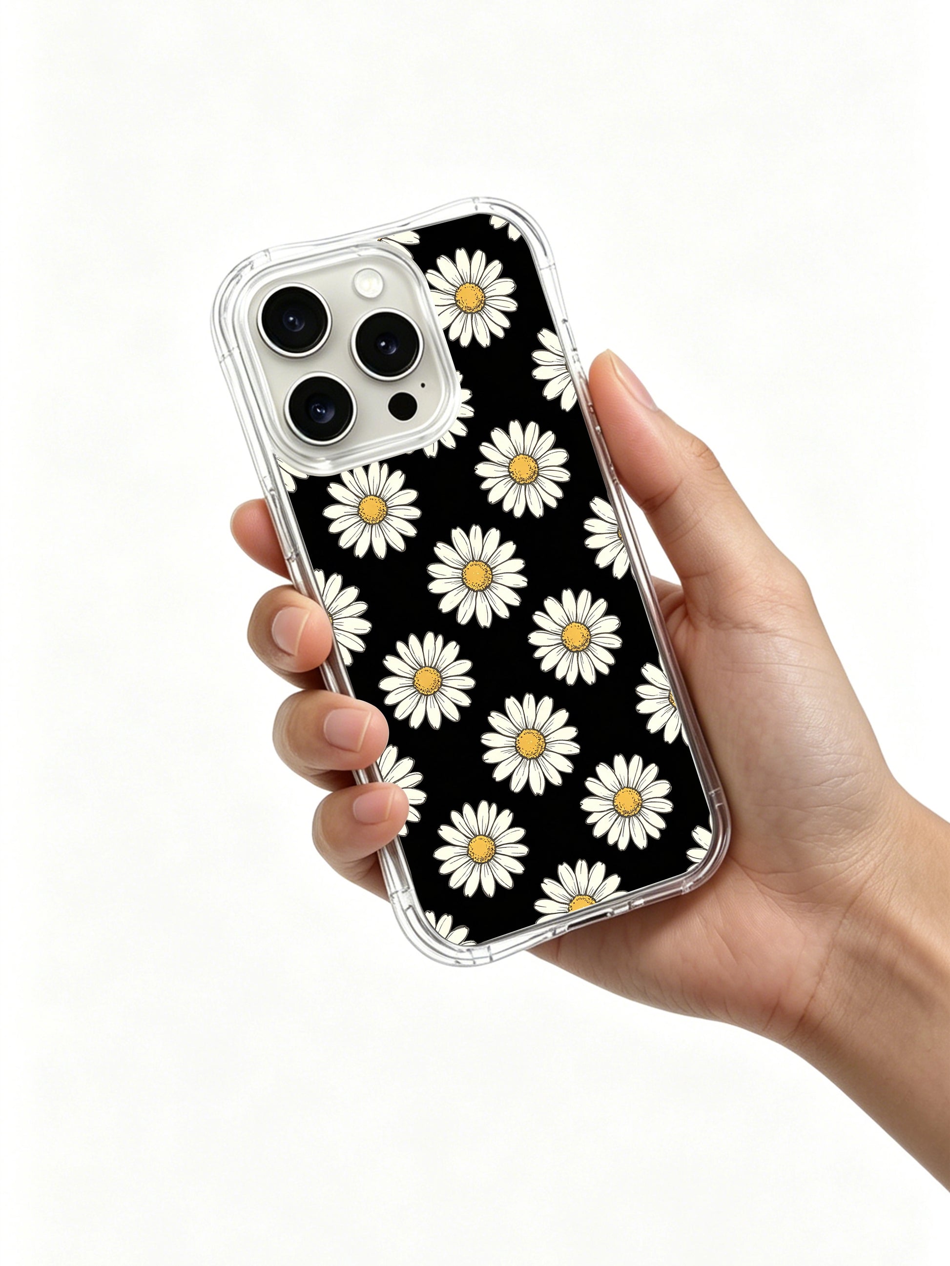 PhoneCasing iPhone 16 Pro Max Case showcasing the exclusive Black Night daisy art by Daisy Vale, a unique wearable art case made for iPhone 16 Pro Max users.