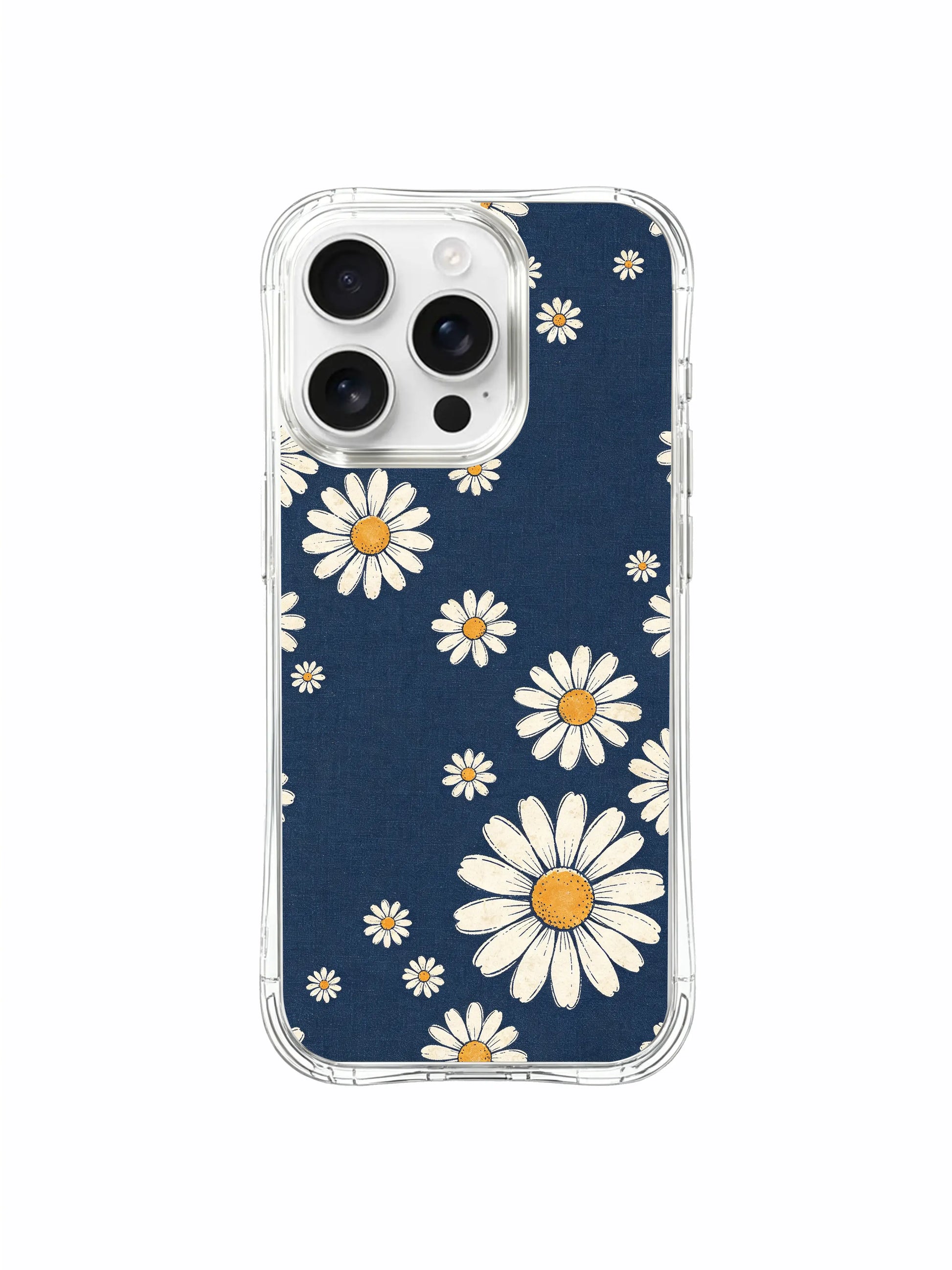 PhoneCasing iPhone 16 Pro Max Case showcasing the exclusive Indigo Canvas Daisies art by Daisy Vale, a unique wearable art case made for iPhone 16 Pro Max users.