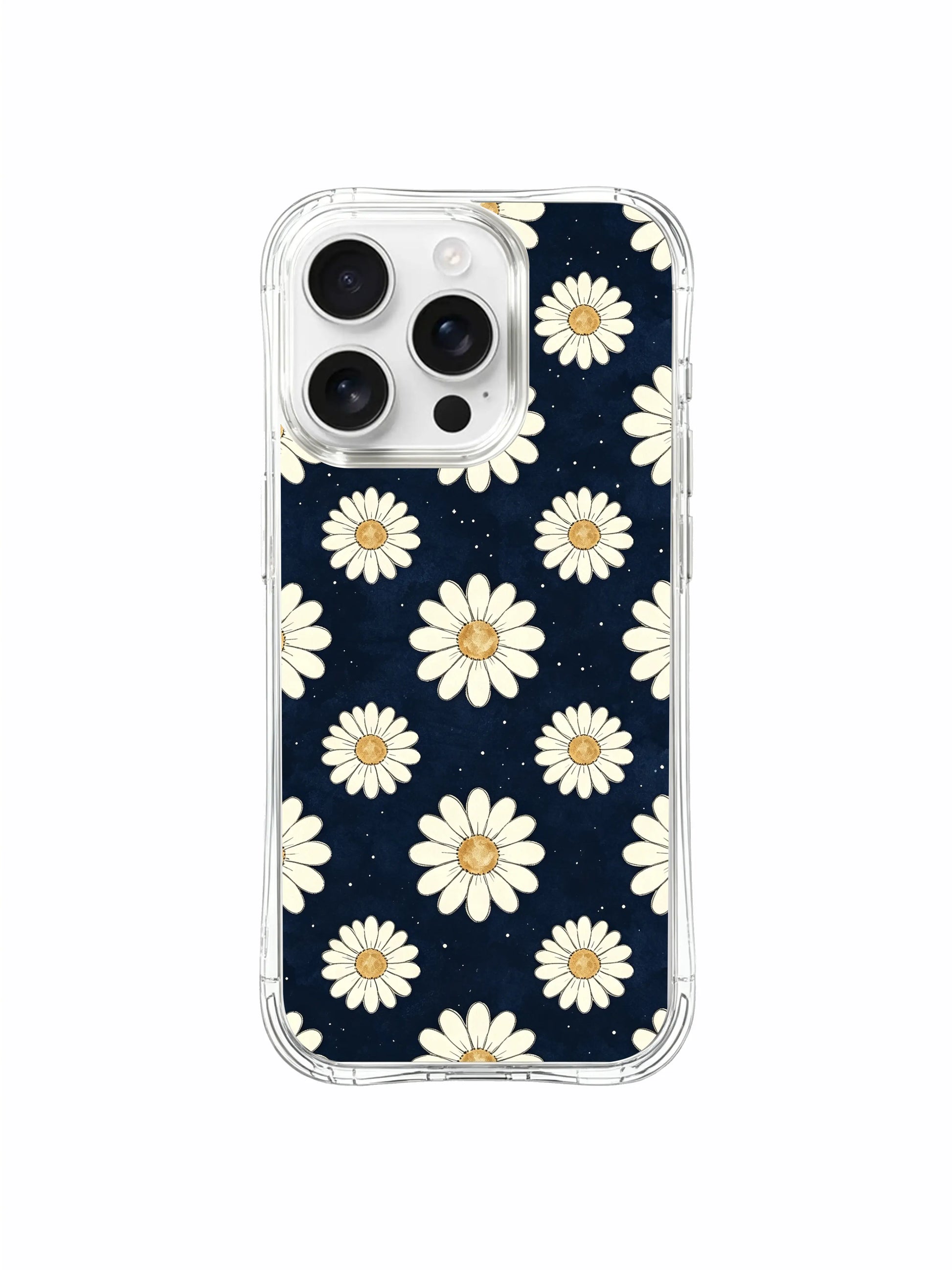 PhoneCasing iPhone 16 Pro Max Case showcasing the exclusive Navy & Cream Daisies art by Daisy Vale, a unique wearable art case made for iPhone 16 Pro Max users.