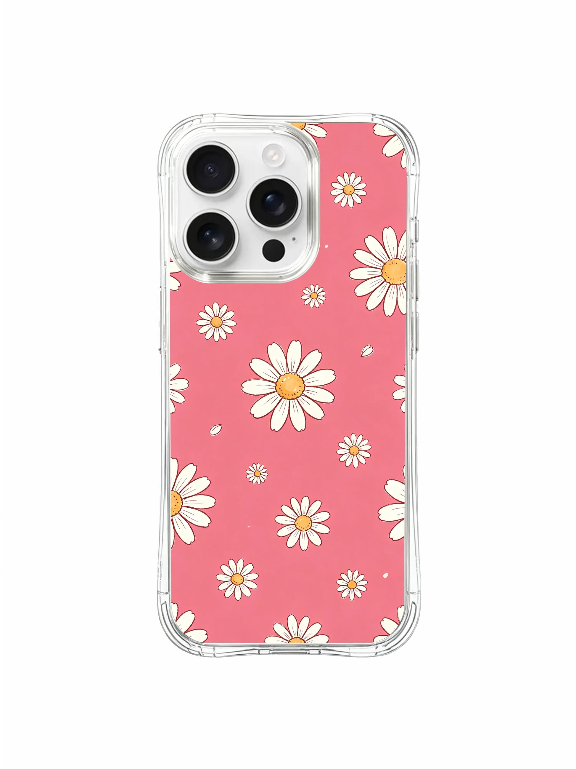 PhoneCasing iPhone 16 Pro Max Case showcasing the exclusive Strawberry Pink Daisies art by Daisy Vale, a unique wearable art case made for iPhone 16 Pro Max users.