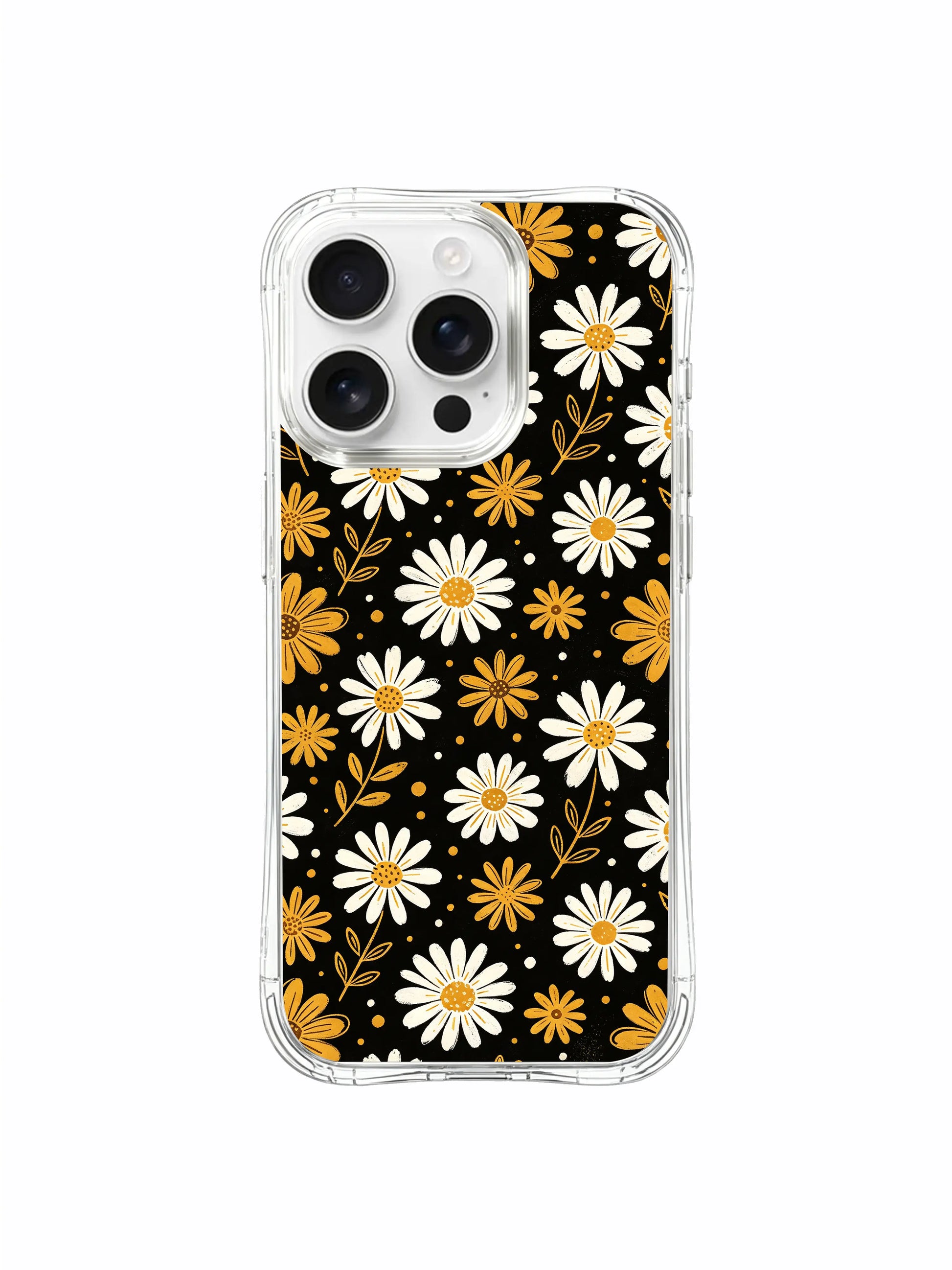 PhoneCasing iPhone 16 Pro Max Case featuring the artistic contrast of golden and white daisies on black, a bold yet uplifting design by Daisy Vale.