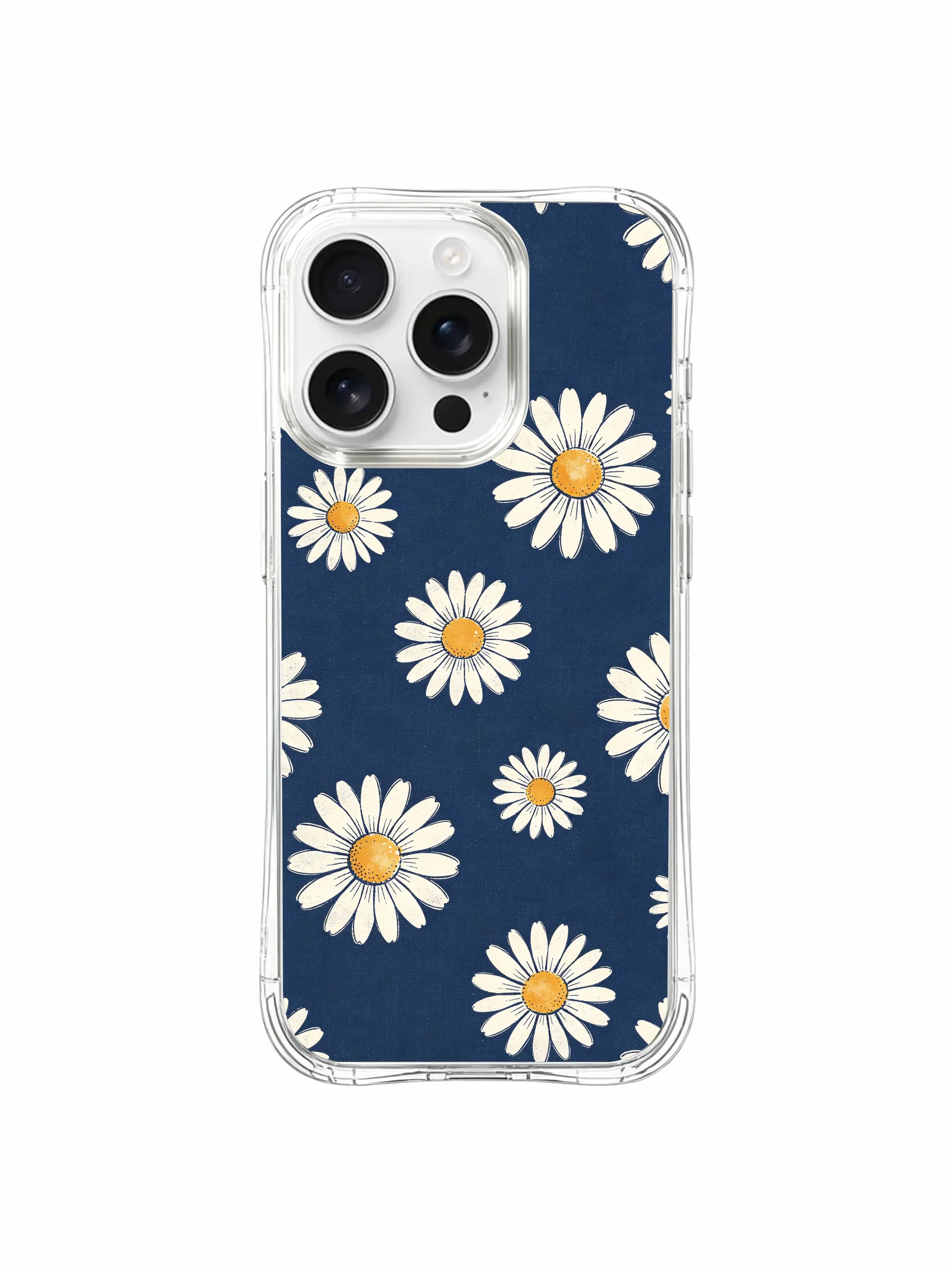 PhoneCasing iPhone 16 Pro Max Case featuring the soft contrast of white daisies on faded indigo, a warm yet nostalgic design by Daisy Vale.