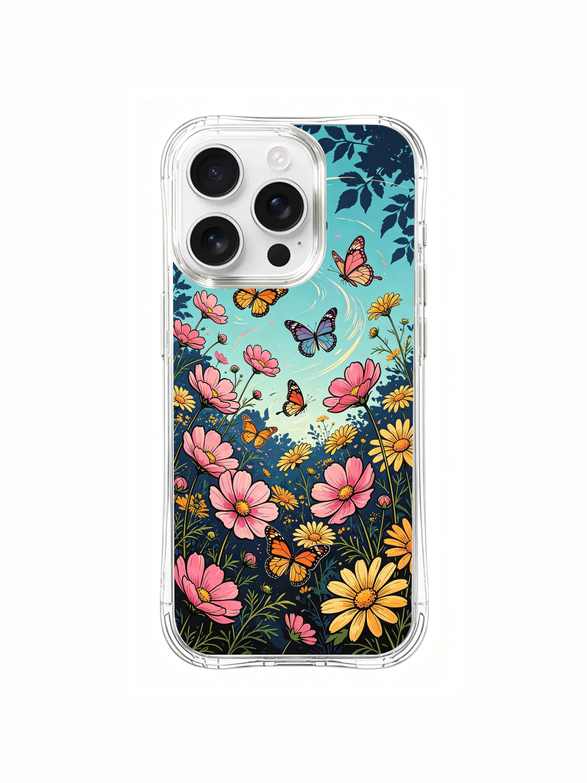 PhoneCasing Aurora Bloom Butterfly Floral iPhone 16 Pro Max Case, a beautiful landscape of meadow flowers and dancing butterflies.