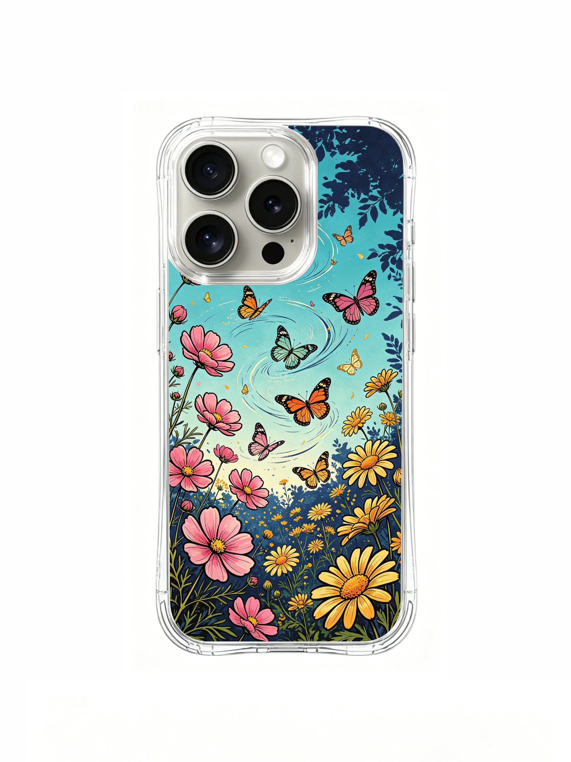 PhoneCasing Aurora Bloom Butterfly Symphony iPhone 16 Pro Max Case, featuring monarch butterflies dancing over pink cosmos and yellow daisies.