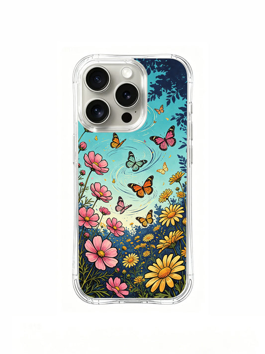 PhoneCasing Aurora Bloom Butterfly Symphony iPhone 16 Pro Max Case, featuring monarch butterflies dancing over pink cosmos and yellow daisies.