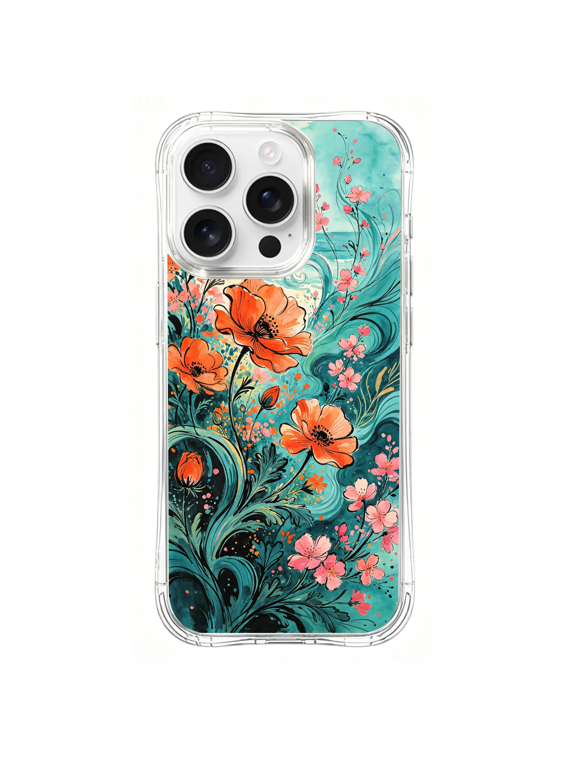 PhoneCasing Aurora Bloom Coral Poppy Sea iPhone 16 Pro Max Case, featuring vibrant orange and pink flowers blooming against a turquoise coastal sky.