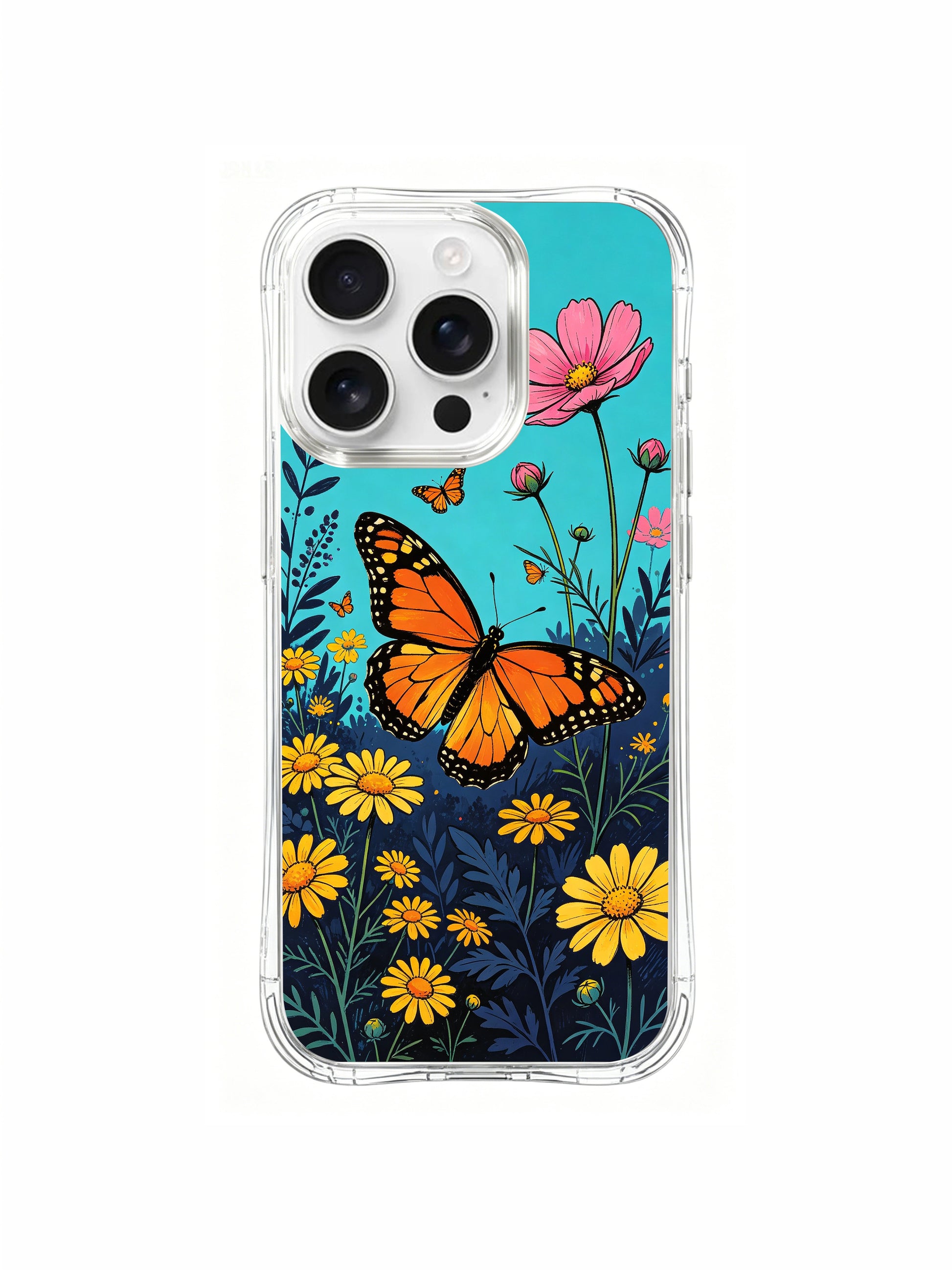PhoneCasing "Flight Lesson" art on an iPhone 16 Pro Max Case, featuring a monarch butterfly leading small butterflies through a vibrant wildflower garden by Aurora Bloom.