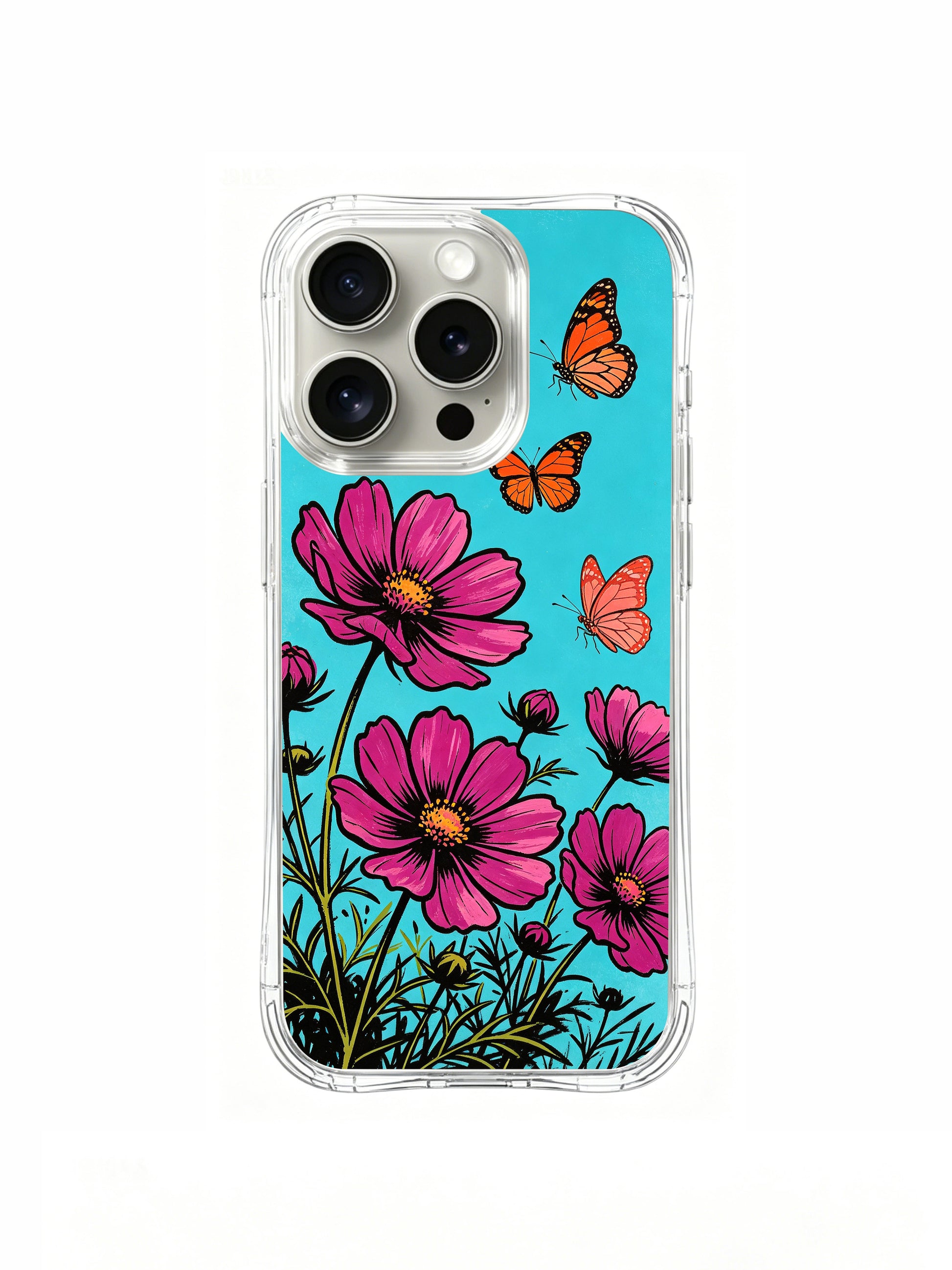 PhoneCasing Aurora Bloom floral butterfly design on an iPhone 16 Pro Max Case, featuring vibrant pink cosmos flowers and monarch butterflies against a bright turquoise sky.