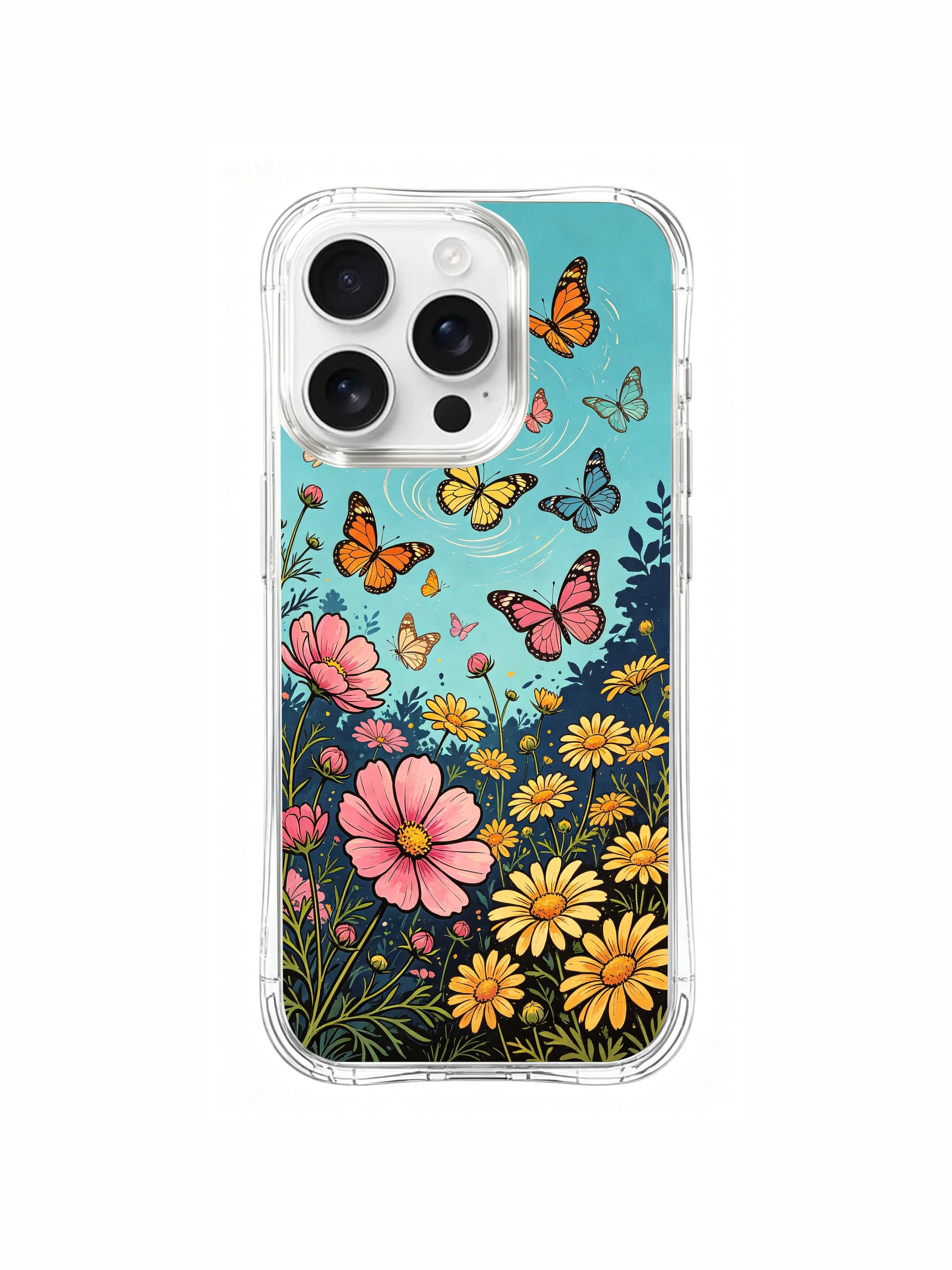 PhoneCasing Aurora Bloom Floral Whimsy iPhone 16 Pro Max Case, a lively illustration of flowers and butterflies in a summer meadow.