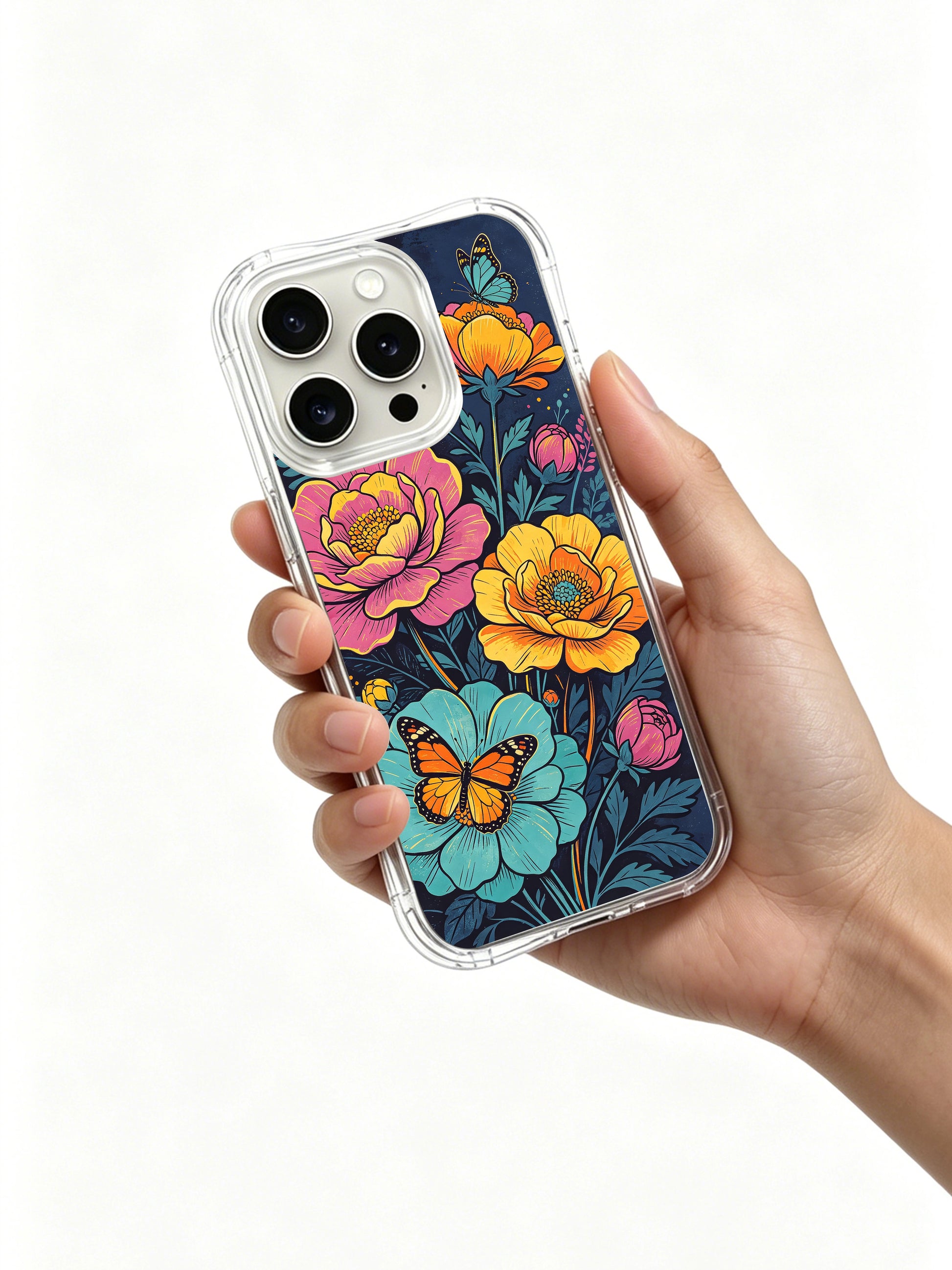 PhoneCasing Aurora Bloom Garden Dream iPhone 16 Pro Max Case. Hand-drawn peonies and butterflies in a whimsical style, perfect for adding color to your device.