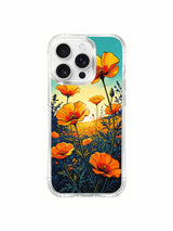 PhoneCasing Aurora Bloom Golden Horizon iPhone 16 Pro Max Case, featuring vibrant orange poppies blooming against a sunset sky.