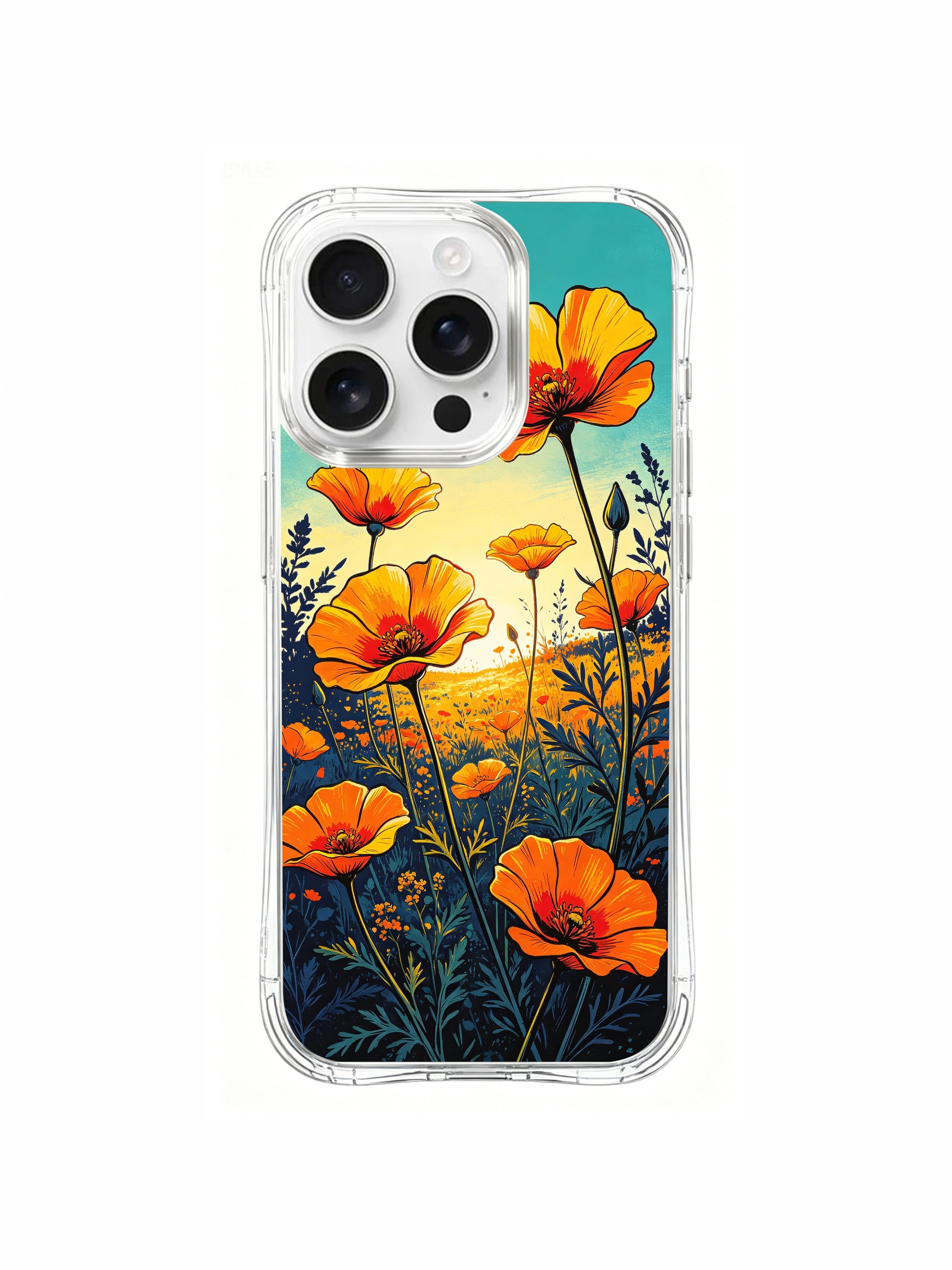 PhoneCasing Aurora Bloom Golden Horizon iPhone 16 Pro Max Case, featuring vibrant orange poppies blooming against a sunset sky.