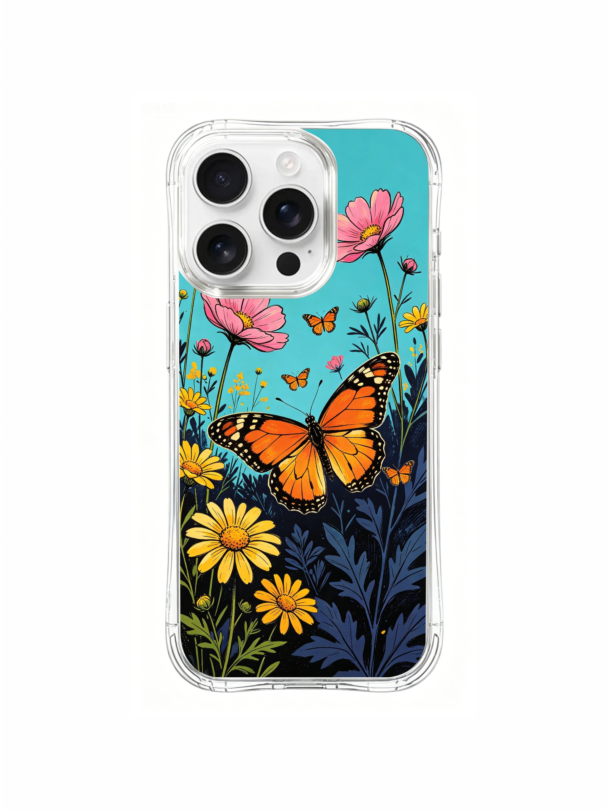 PhoneCasing Aurora Bloom "Nature Lesson" art on an iPhone 16 Pro Max Case, showing a butterfly teaching others to fly through a summer meadow.