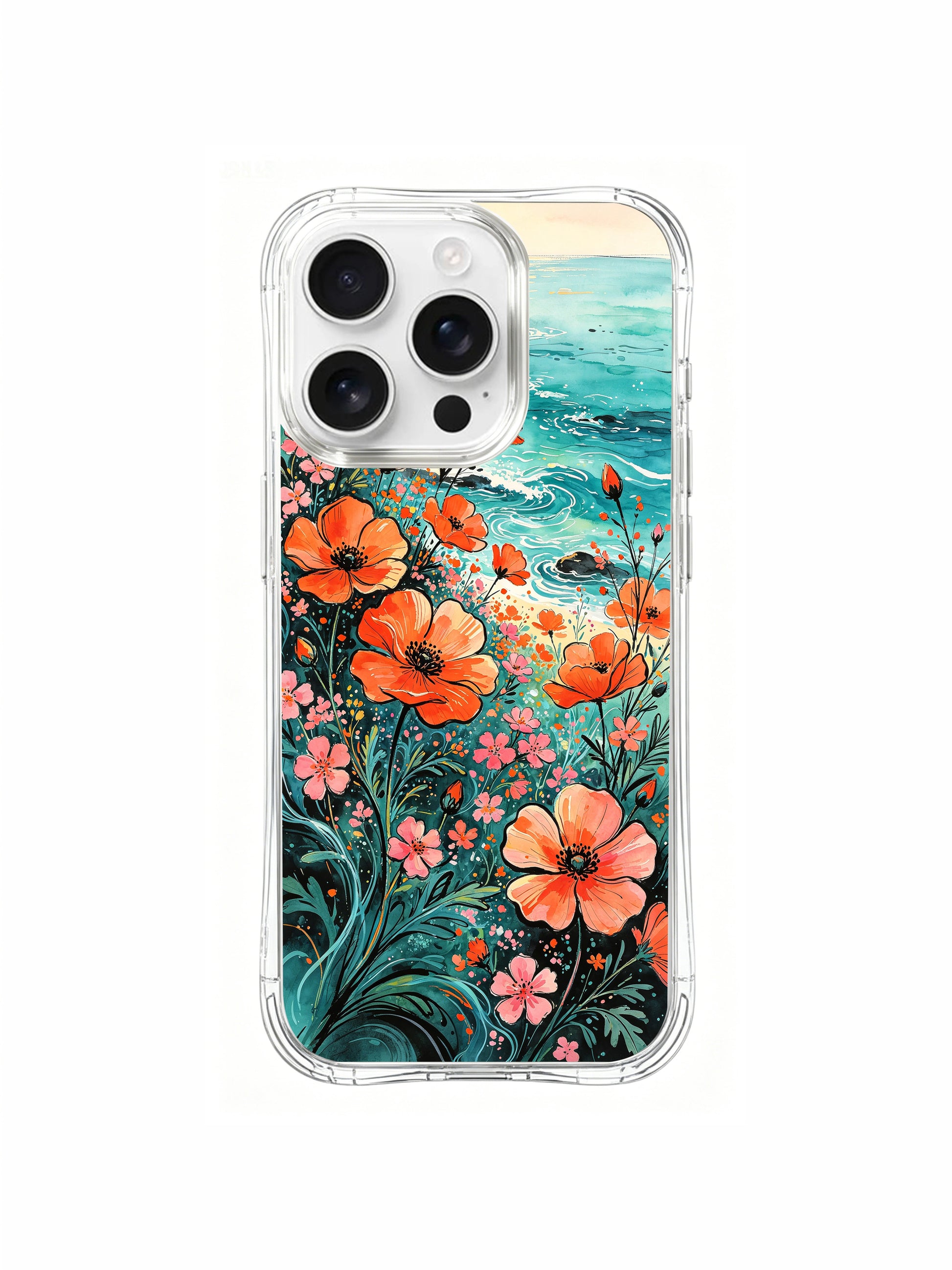 PhoneCasing Aurora Bloom Ocean Breeze iPhone 16 Pro Max Case, a dreamy design of poppies and coastal greenery.