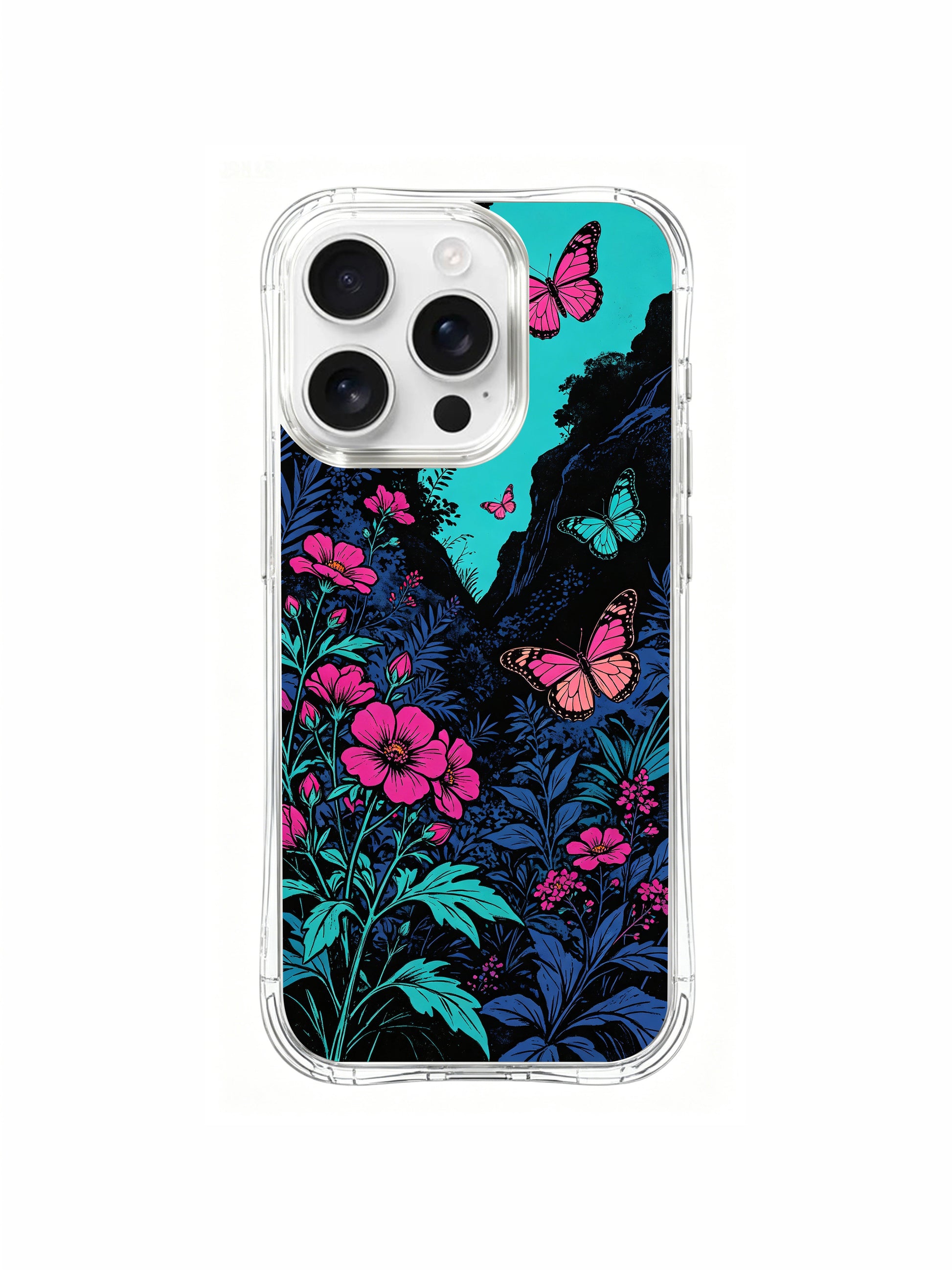  PhoneCasing Aurora Bloom "Secret Garden" art on an iPhone 16 Pro Max Case, depicting butterflies emerging from a mysterious, flower-filled canyon.
