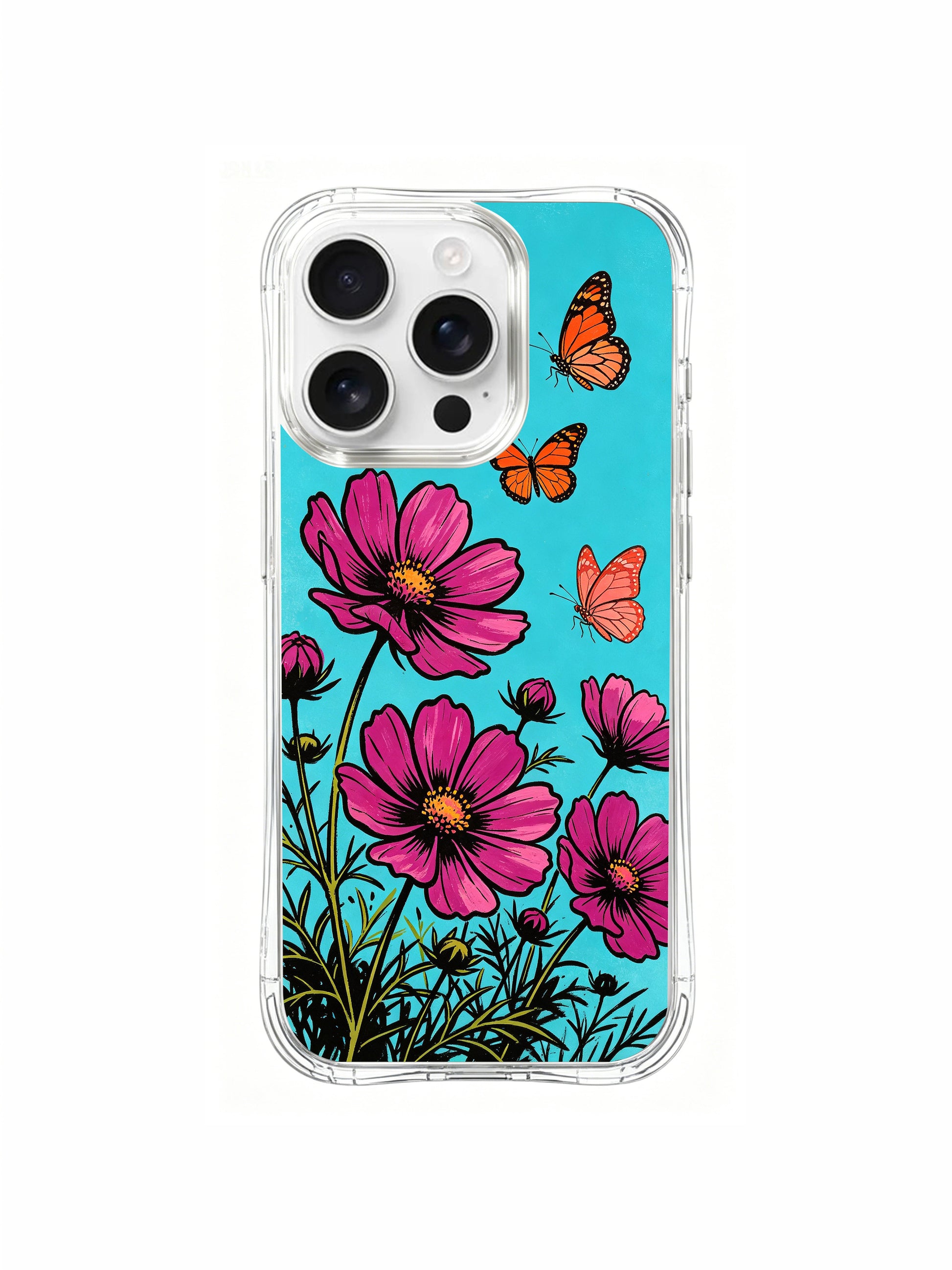 PhoneCasing Aurora Bloom signature "Blue Sky Butterflies" art on an iPhone 16 Pro Max Case, featuring her iconic high-contrast botanical style.