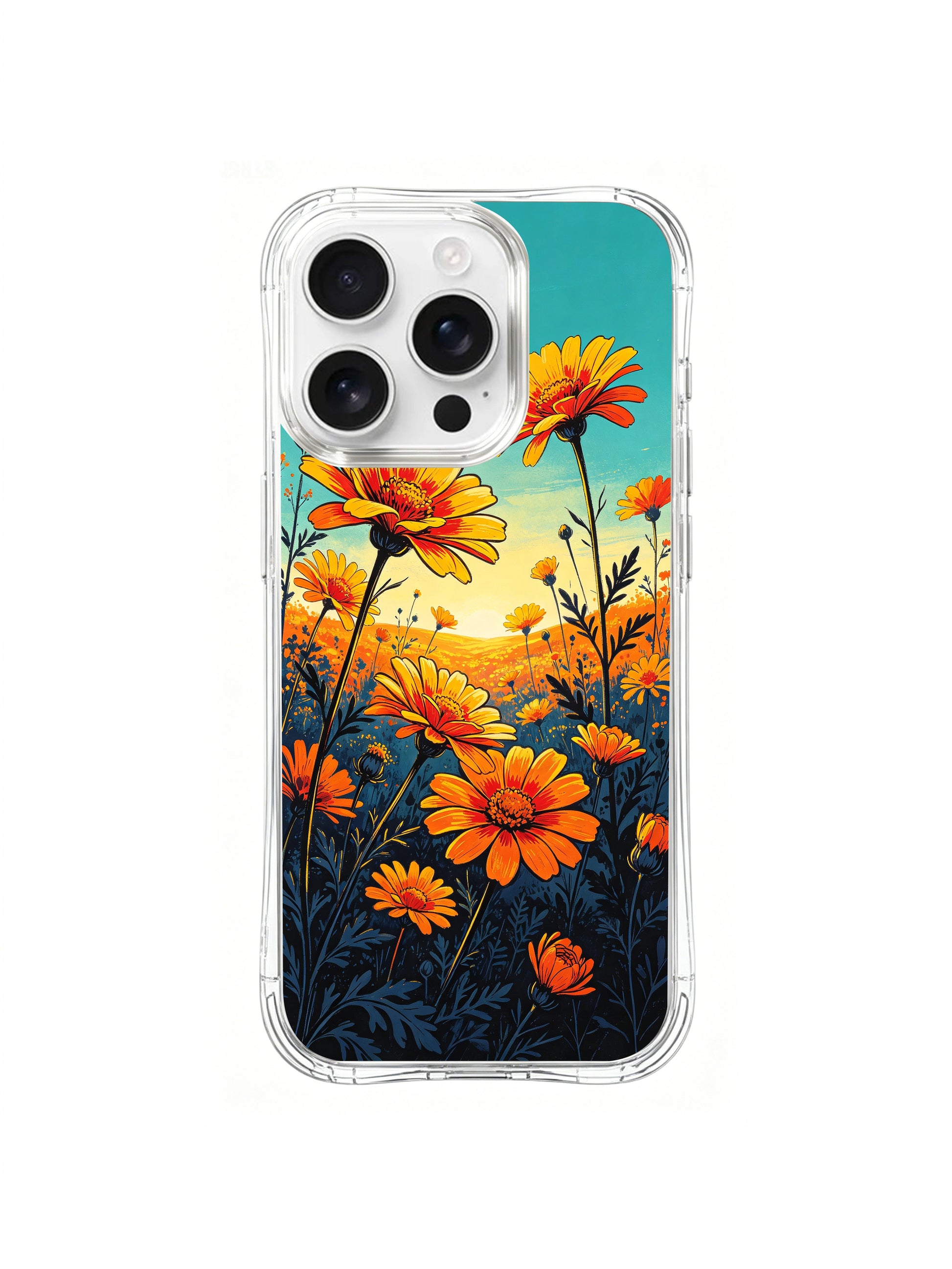 PhoneCasing Aurora Bloom Tropical Sunset Meadow iPhone 16 Pro Max Case, a magical palette of teal, orange, and gold.