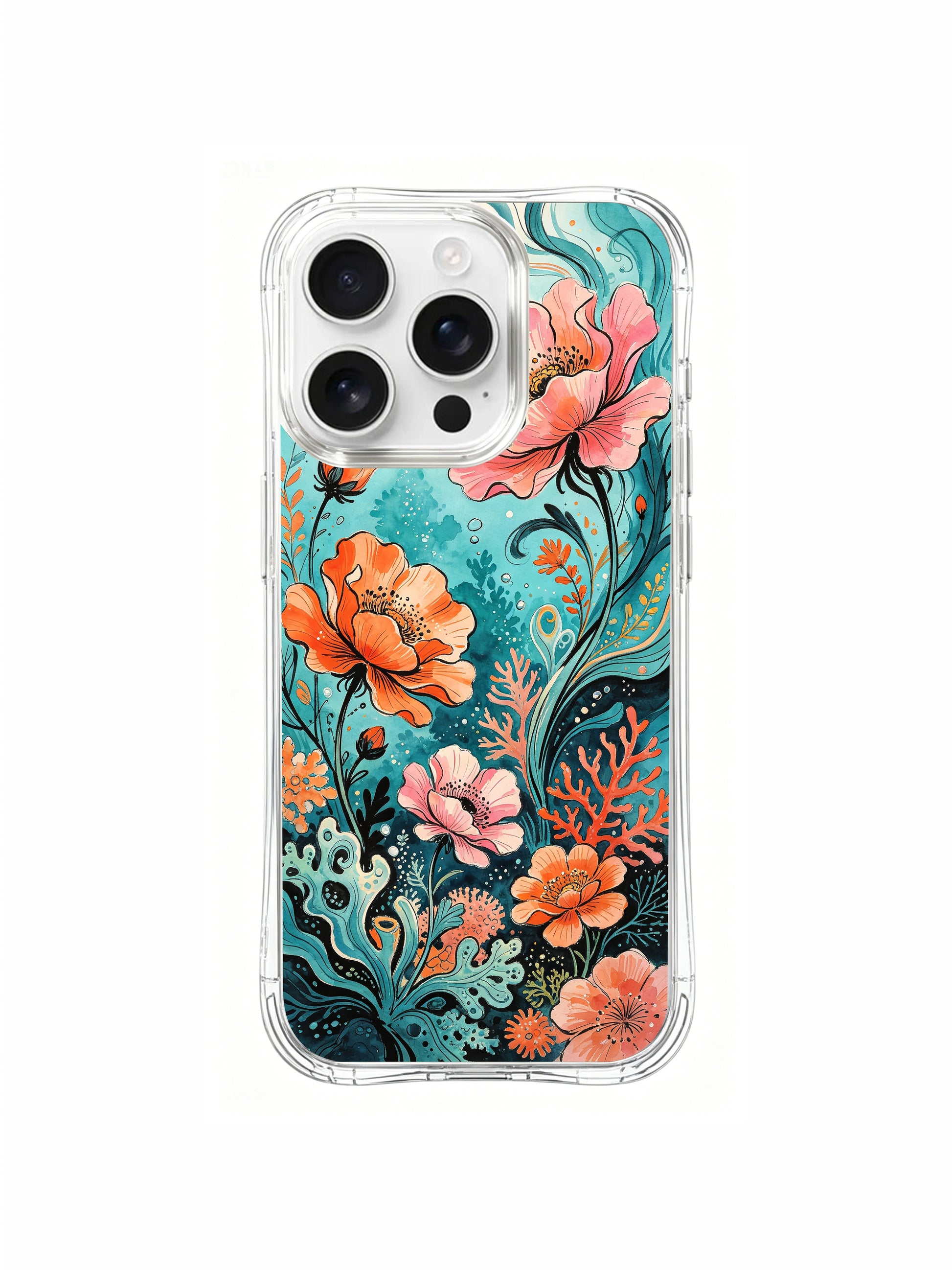 PhoneCasing Aurora Bloom Turquoise Shore iPhone 16 Pro Max Case, where coral-colored flowers meet a serene beach background.