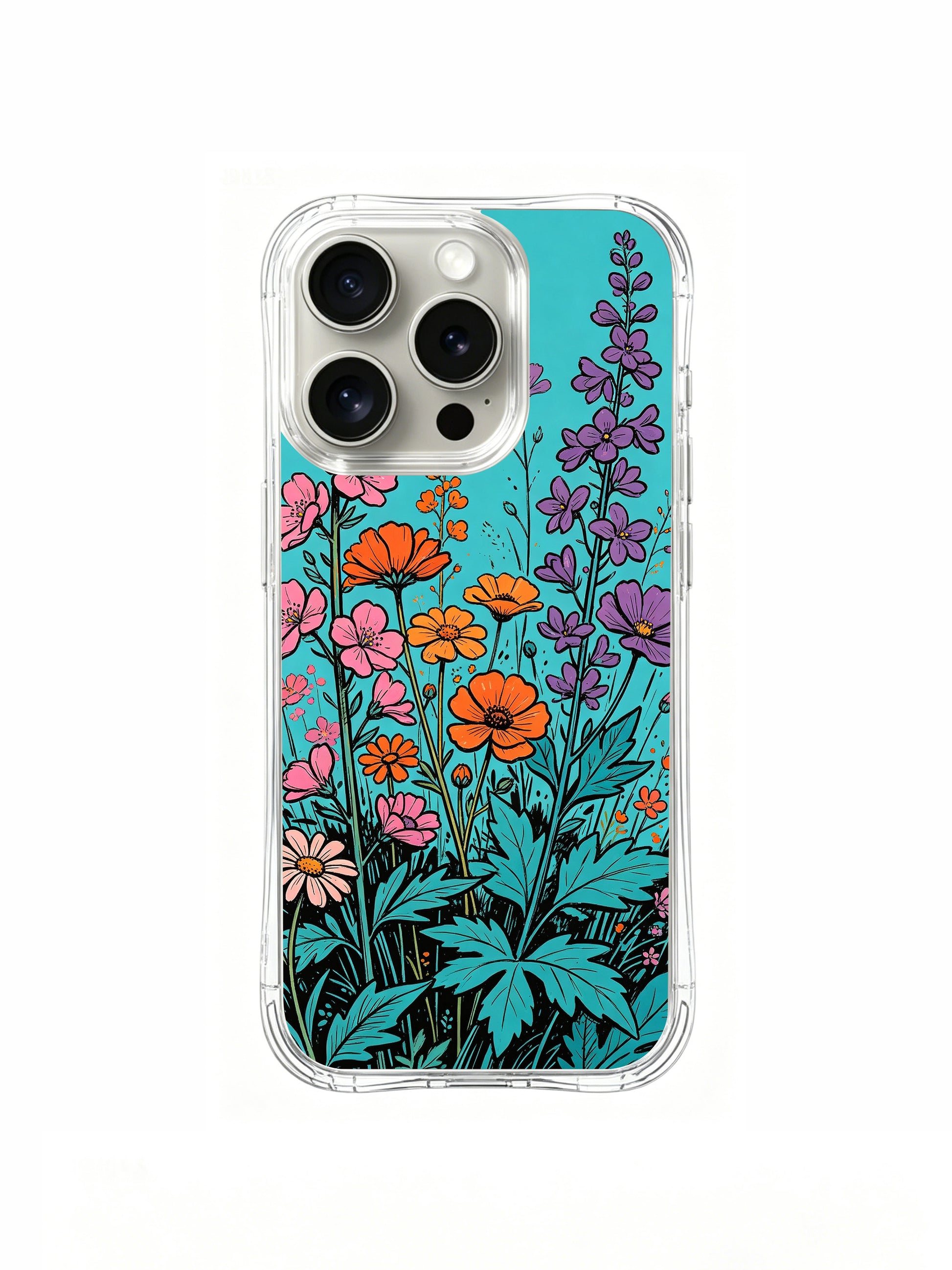PhoneCasing Aurora Bloom Turquoise Wildflower iPhone 16 Pro Max Case, featuring vibrant orange, pink, and purple blooms against a bright cyan background.