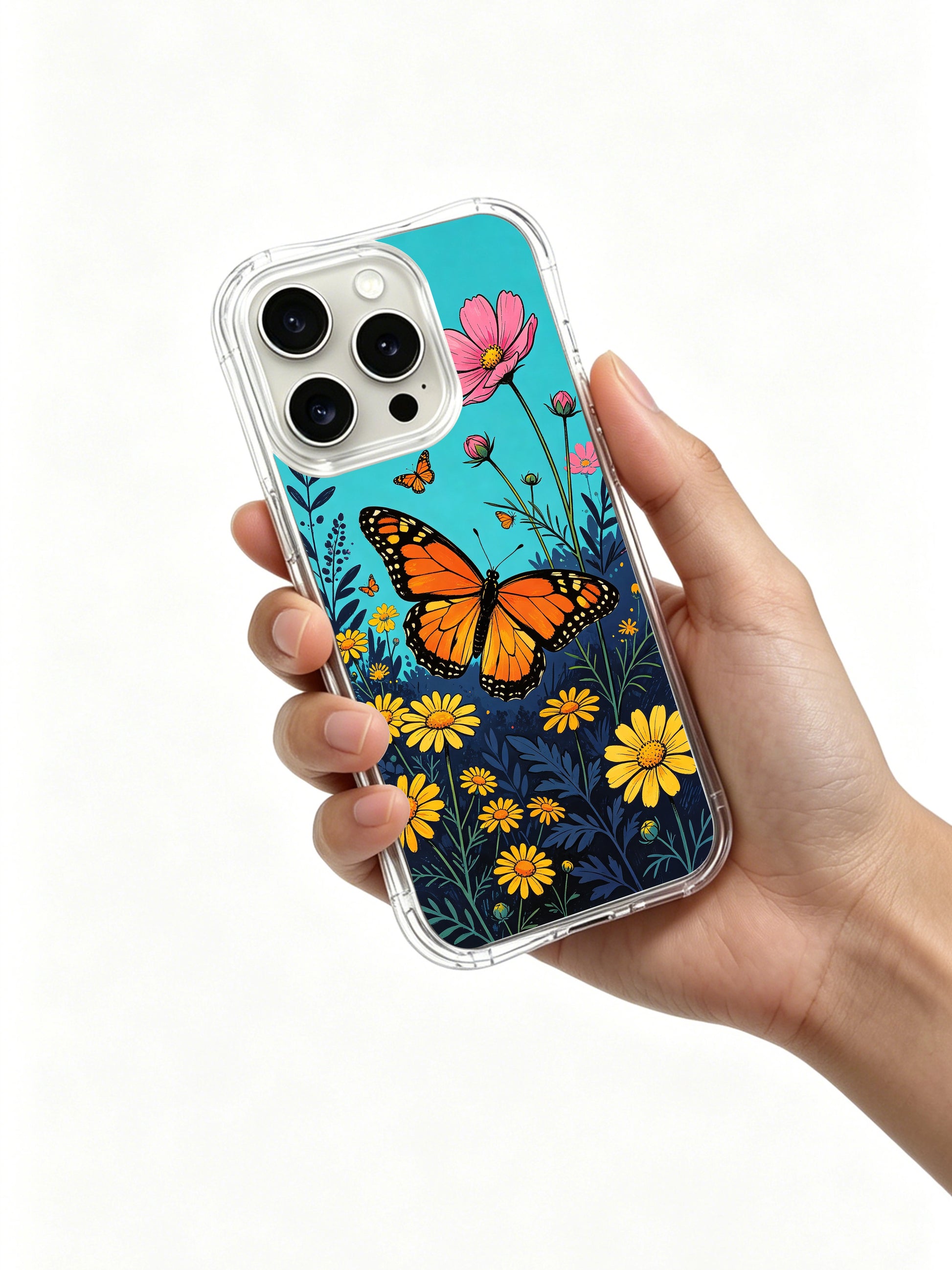 PhoneCasing Aurora Bloom "Wildflower Series" art on an iPhone 16 Pro Max Case, featuring her signature butterfly and floral illustrations.