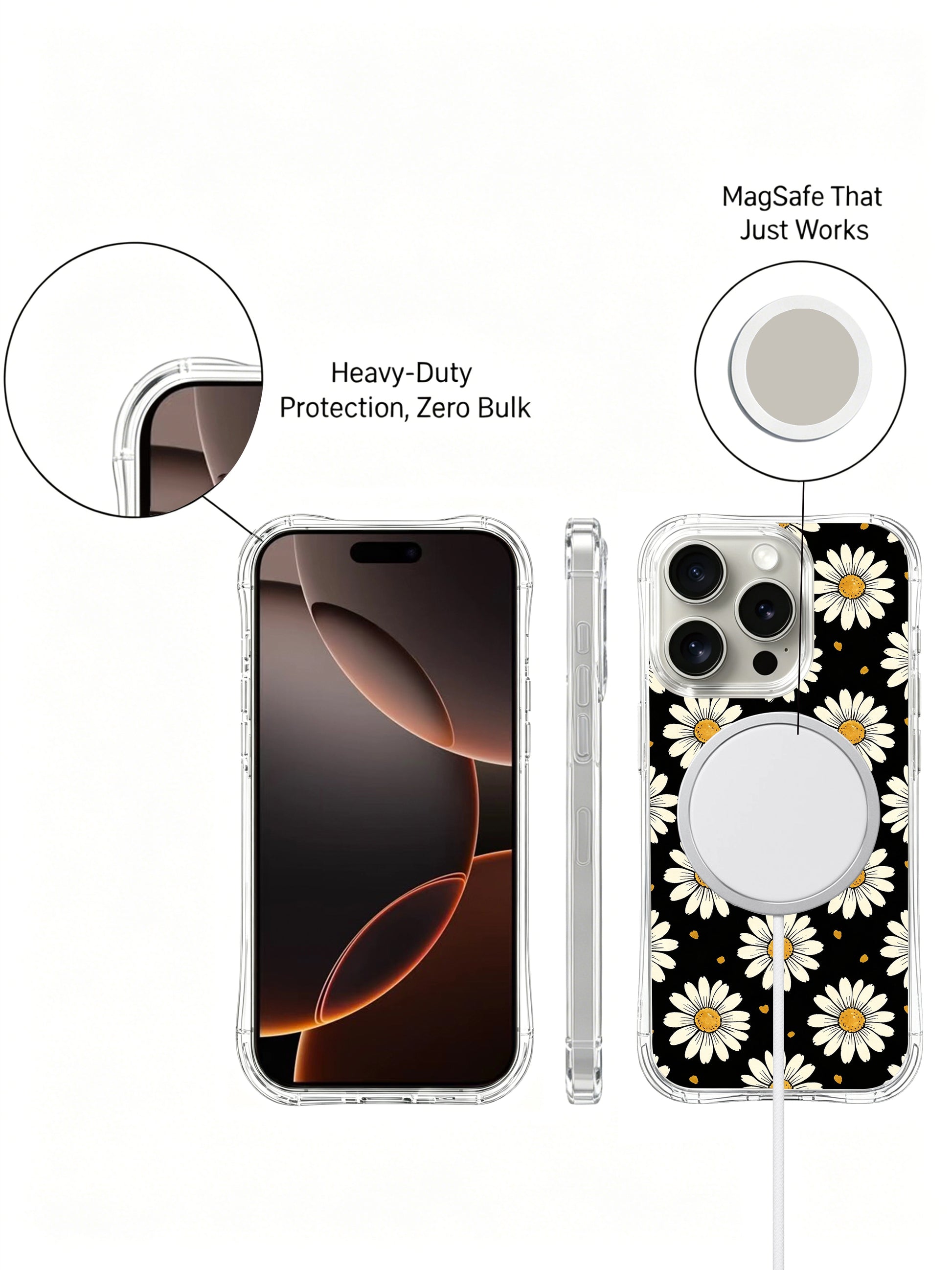 PhoneCasing iPhone 16 Pro Max Case featuring the black and cream daisy print from artist Daisy Vale, a moody case that brings quiet warmth to your daily routine.