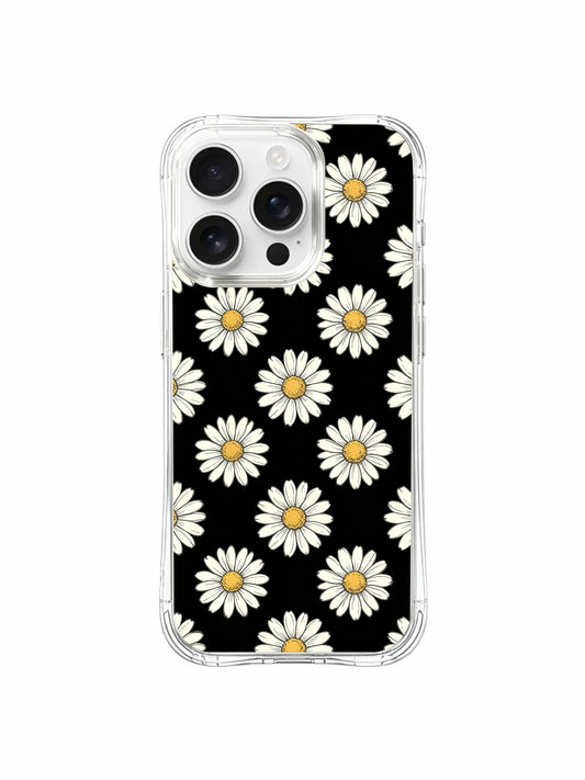 PhoneCasing iPhone 16 Pro Max Case featuring the striking Black Night White Daisies design by artist Daisy Vale, a bold floral print that stands out on your device.