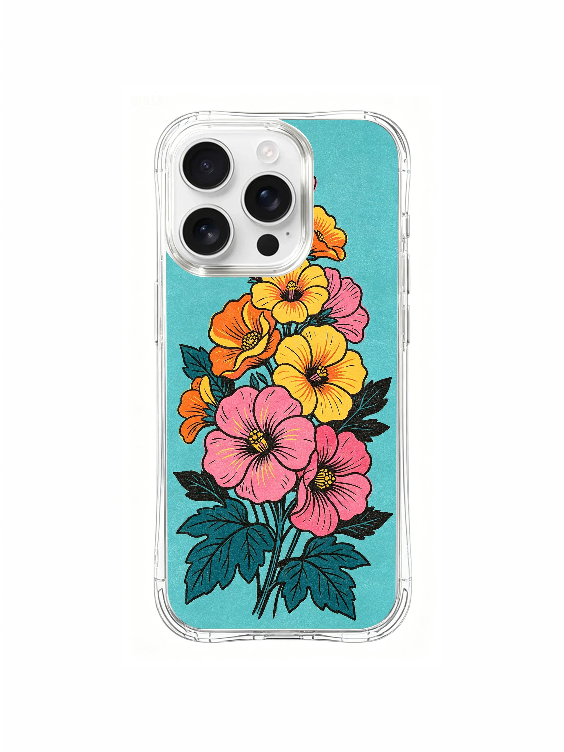 PhoneCasing bloom rush summer design on an iPhone 16 Pro Max Case, a vivid floral rush of pink, orange, and yellow flowers against a bright backdrop.