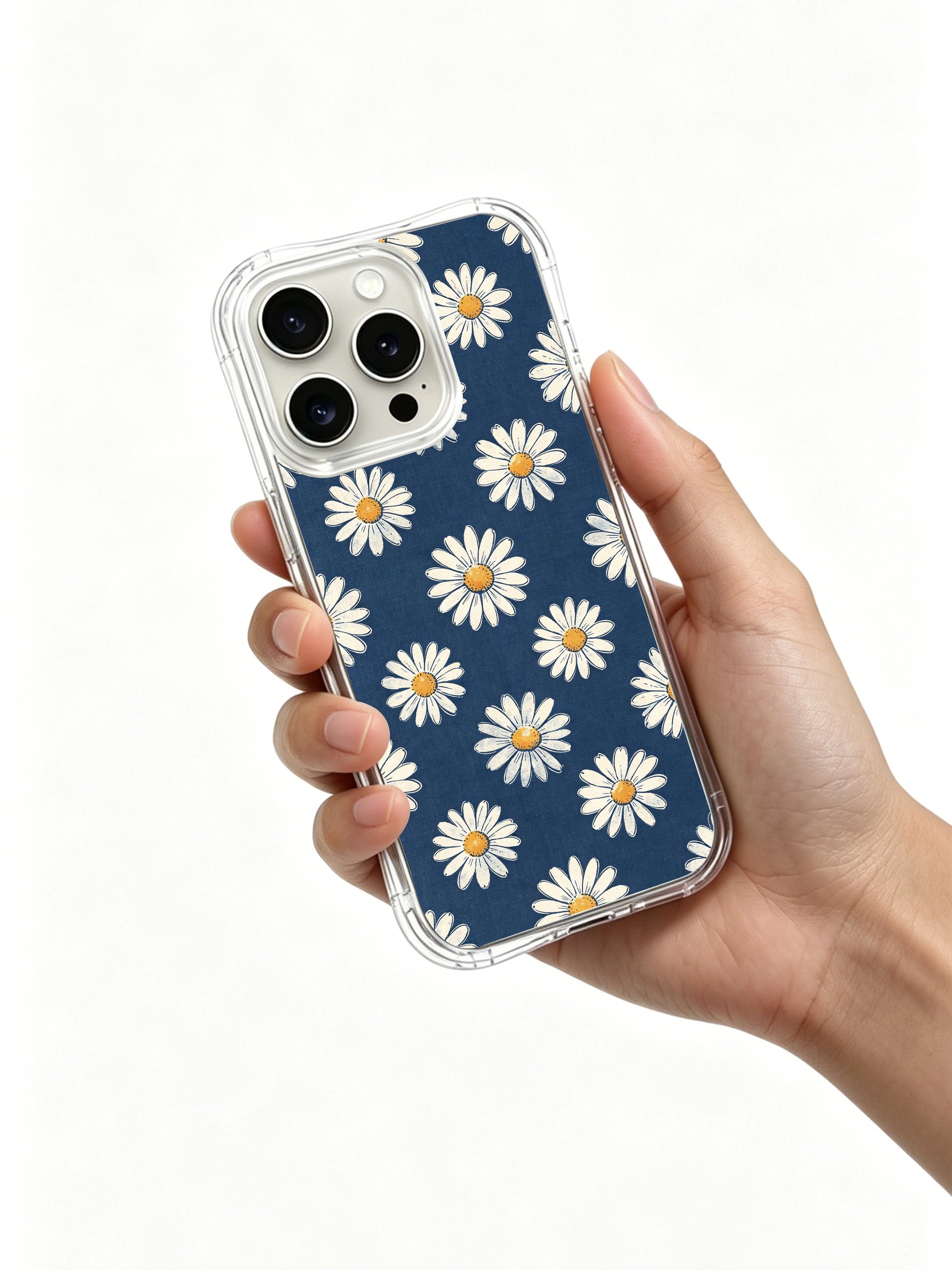 PhoneCasing iPhone 16 Pro Max Case featuring the blue canvas daisy print from artist Daisy Vale, a retro case that brings quiet nostalgia to your daily routine.