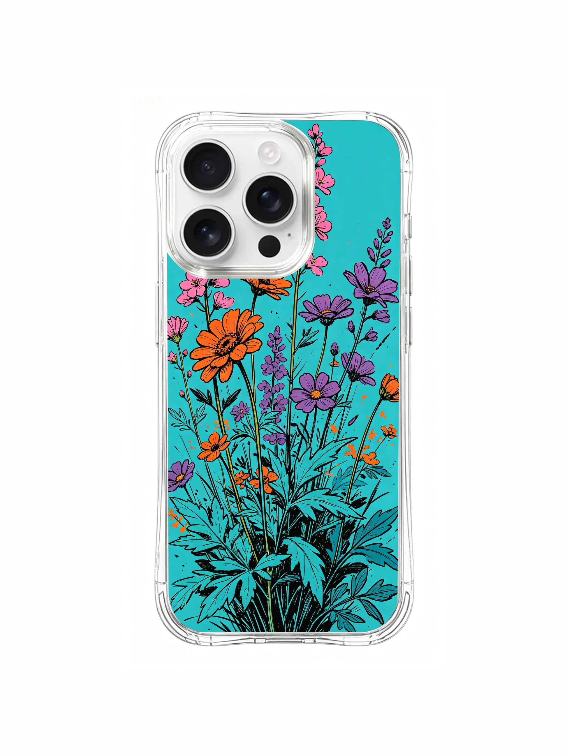 PhoneCasing Bold Line Floral iPhone 16 Pro Max Case, folk-art style wildflowers with thick black outlines.