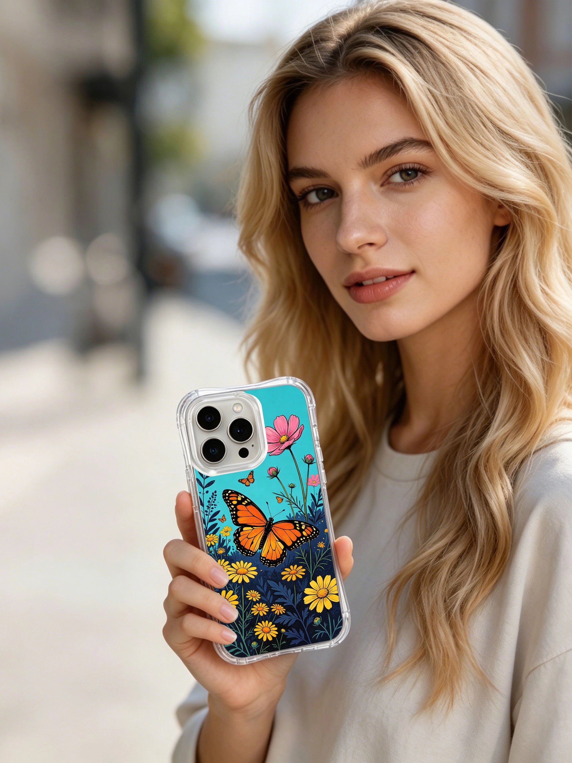 PhoneCasing bright and bold botanical art on an iPhone 16 Pro Max Case, a cheerful and energetic piece by Aurora Bloom for art lovers.