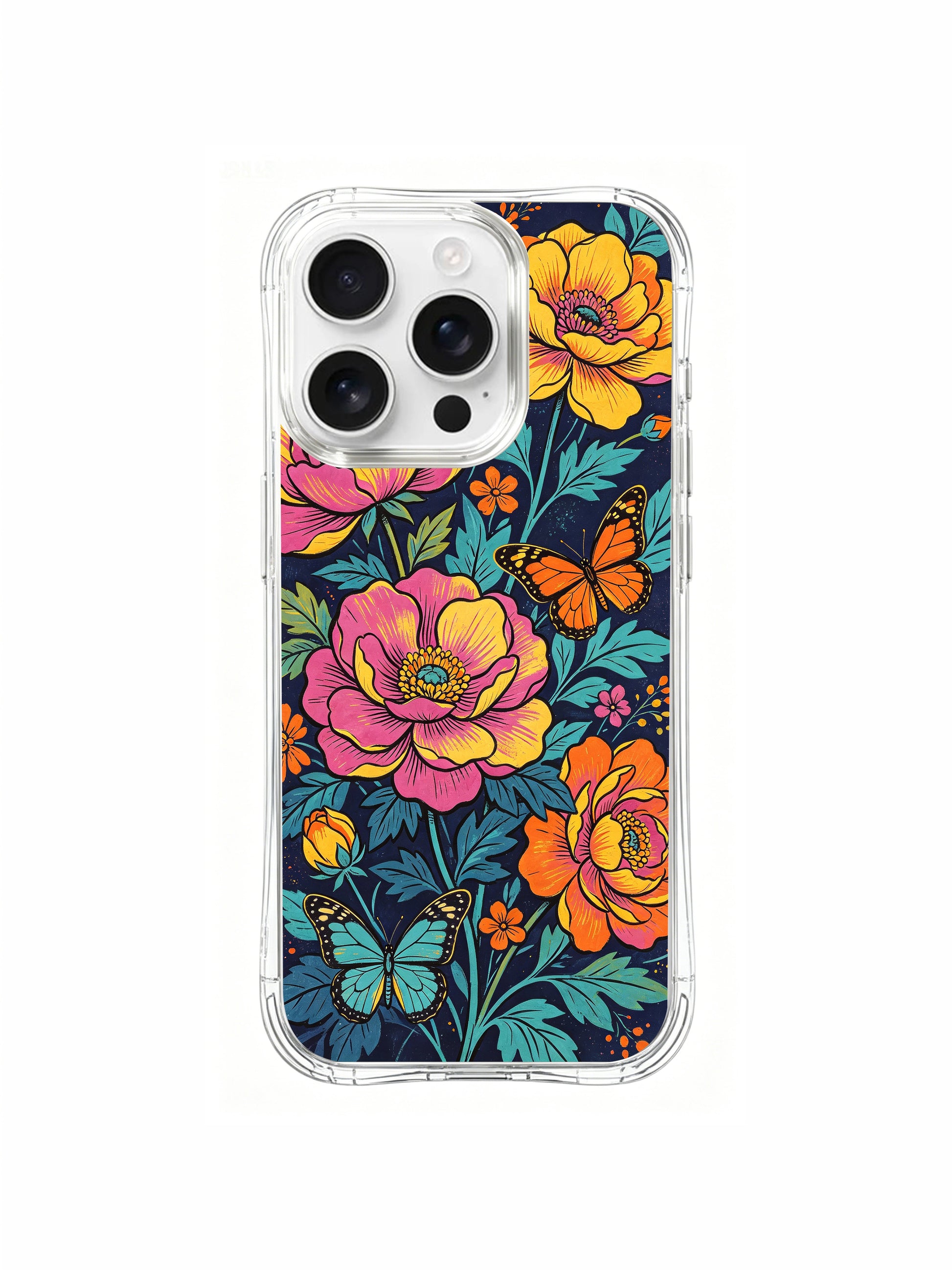 PhoneCasing Bright and Bold Floral Design iPhone 16 Pro Max Case. A high-energy pattern of peonies and butterflies in vivid pink, orange, and yellow.