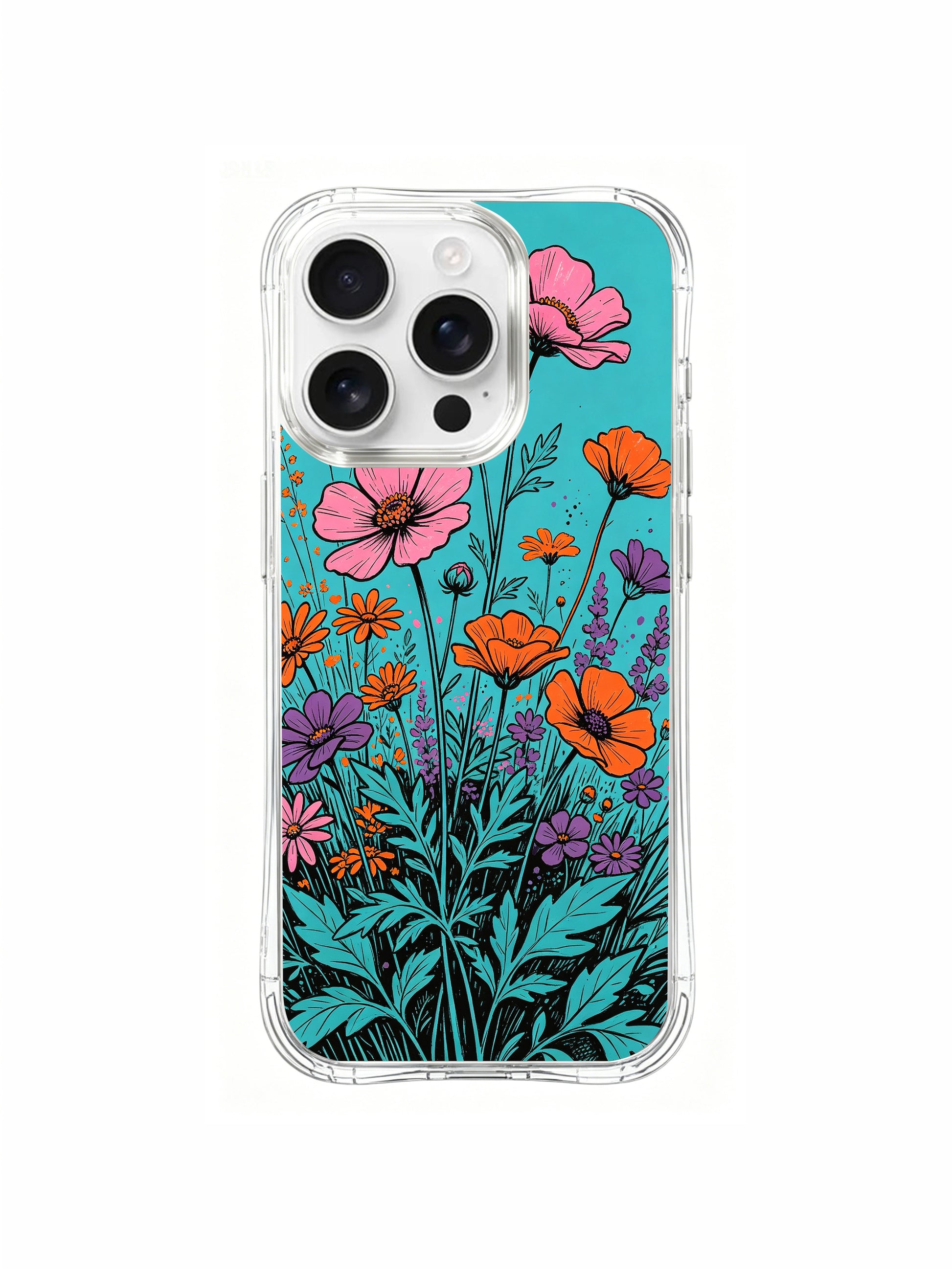 PhoneCasing Bright Cyan Floral iPhone 16 Pro Max Case, with a vivid background and multicolored flowers.