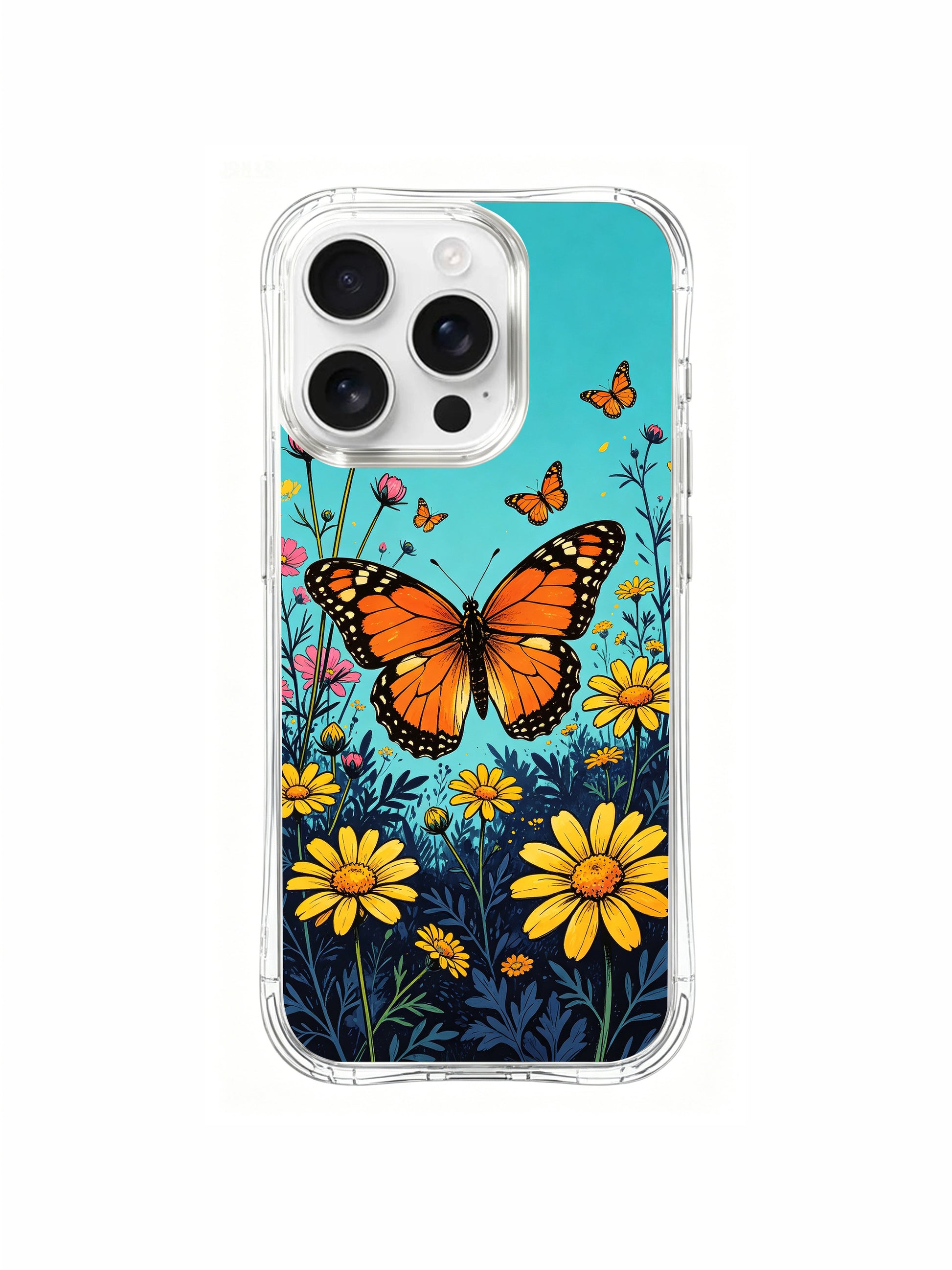 PhoneCasing bright floral illustration on an iPhone 16 Pro Max Case, with high-saturation pink, yellow, and turquoise colors by Aurora Bloom.