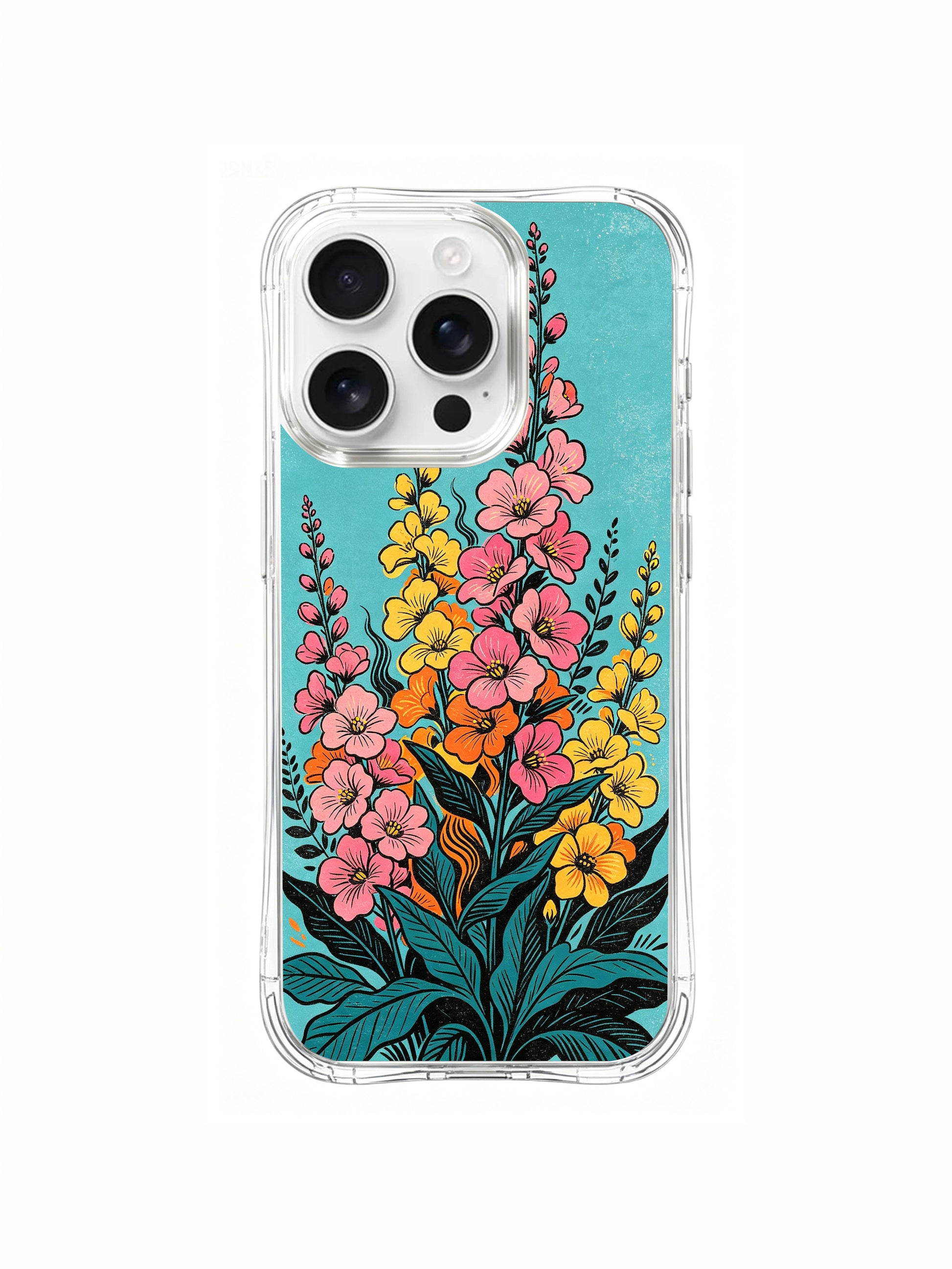 PhoneCasing bright floral tide design on an iPhone 16 Pro Max Case, a dynamic arrangement of flowers creating a wave of color.