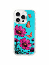 Bright pink cosmos with monarch butterflies on an iPhone 16 Pro Max case