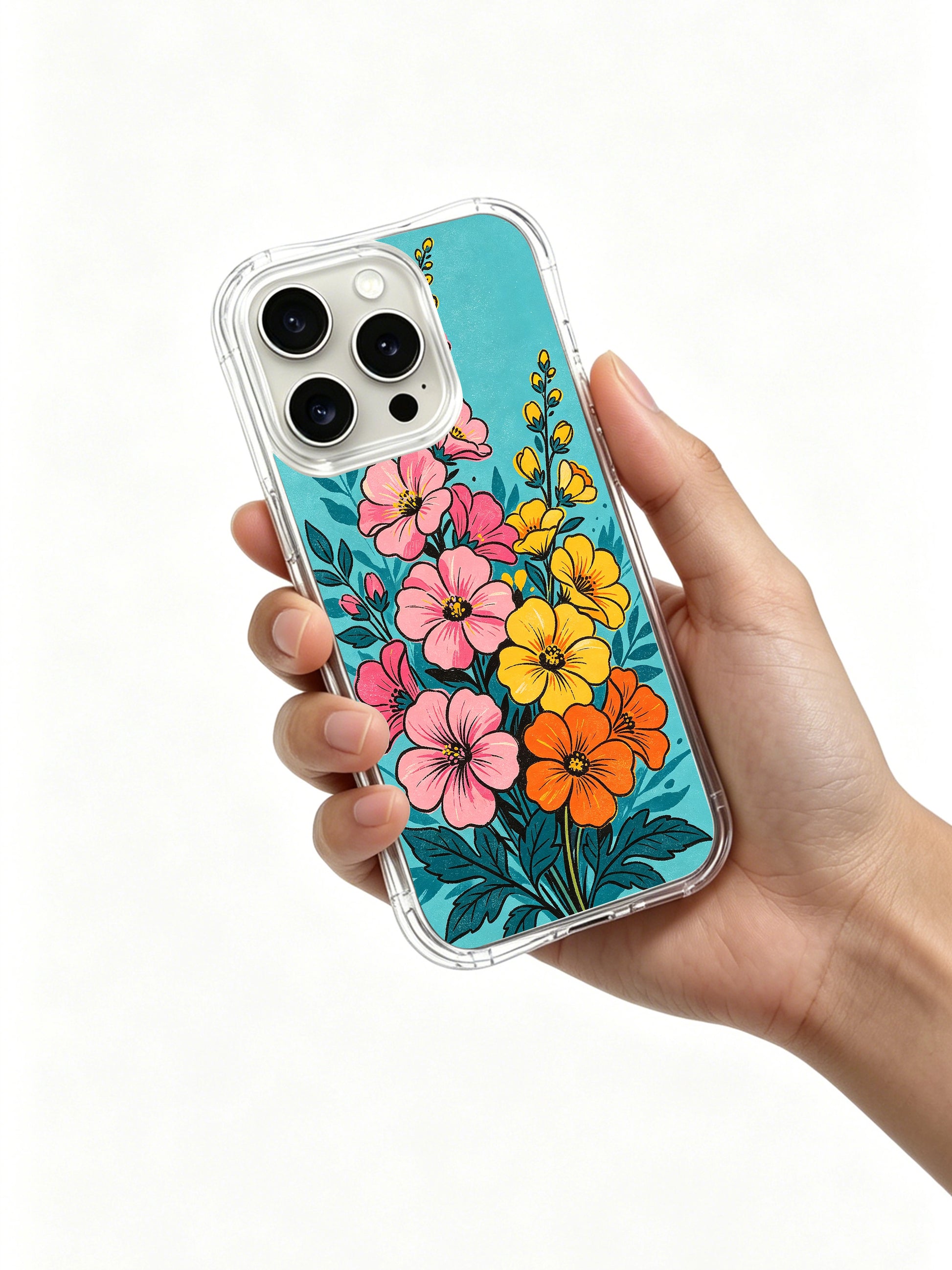 PhoneCasing bright tropical blooms illustration on an iPhone 16 Pro Max Case, a lively, uplifting floral scene with a cool turquoise backdrop.