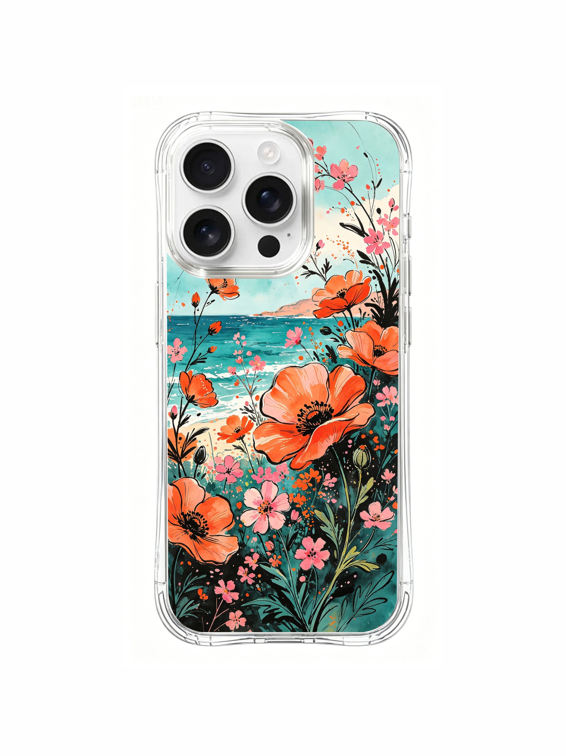PhoneCasing Bright Turquoise Floral Shore iPhone 16 Pro Max Case, a whimsical design of poppies and ocean-inspired foliage.
