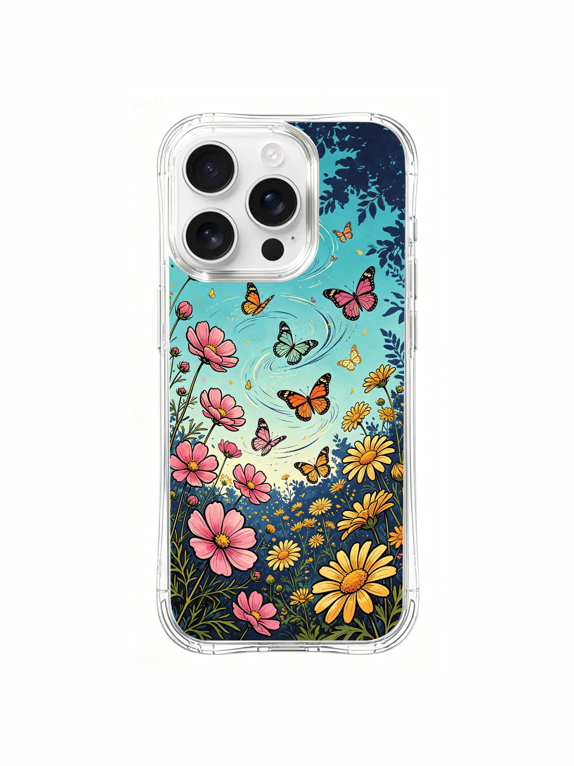 PhoneCasing Bright Turquoise Sky Butterfly iPhone 16 Pro Max Case, a lively illustration of butterflies soaring over a flower field.