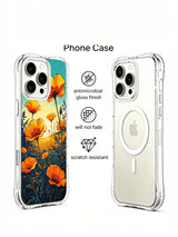 PhoneCasing Bright Twilight Poppy iPhone 16 Pro Max Case, a folk-art style illustration of meadow flowers.
