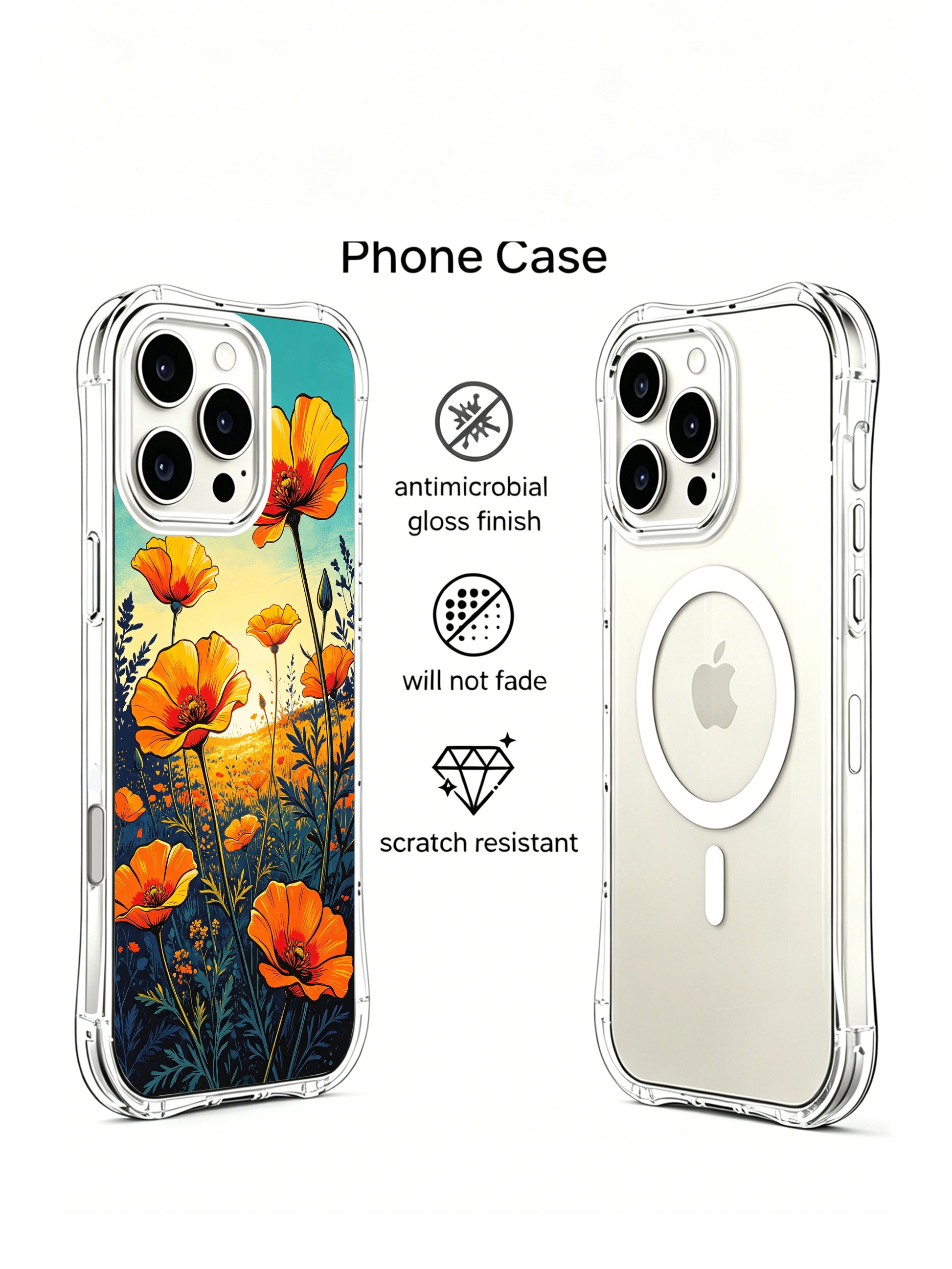 PhoneCasing Bright Twilight Poppy iPhone 16 Pro Max Case, a folk-art style illustration of meadow flowers.