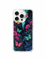 PhoneCasing bright wings dark garden art on an iPhone 16 Pro Max Case, a beautiful contrast of vivid butterflies against deep blue and black foliage.