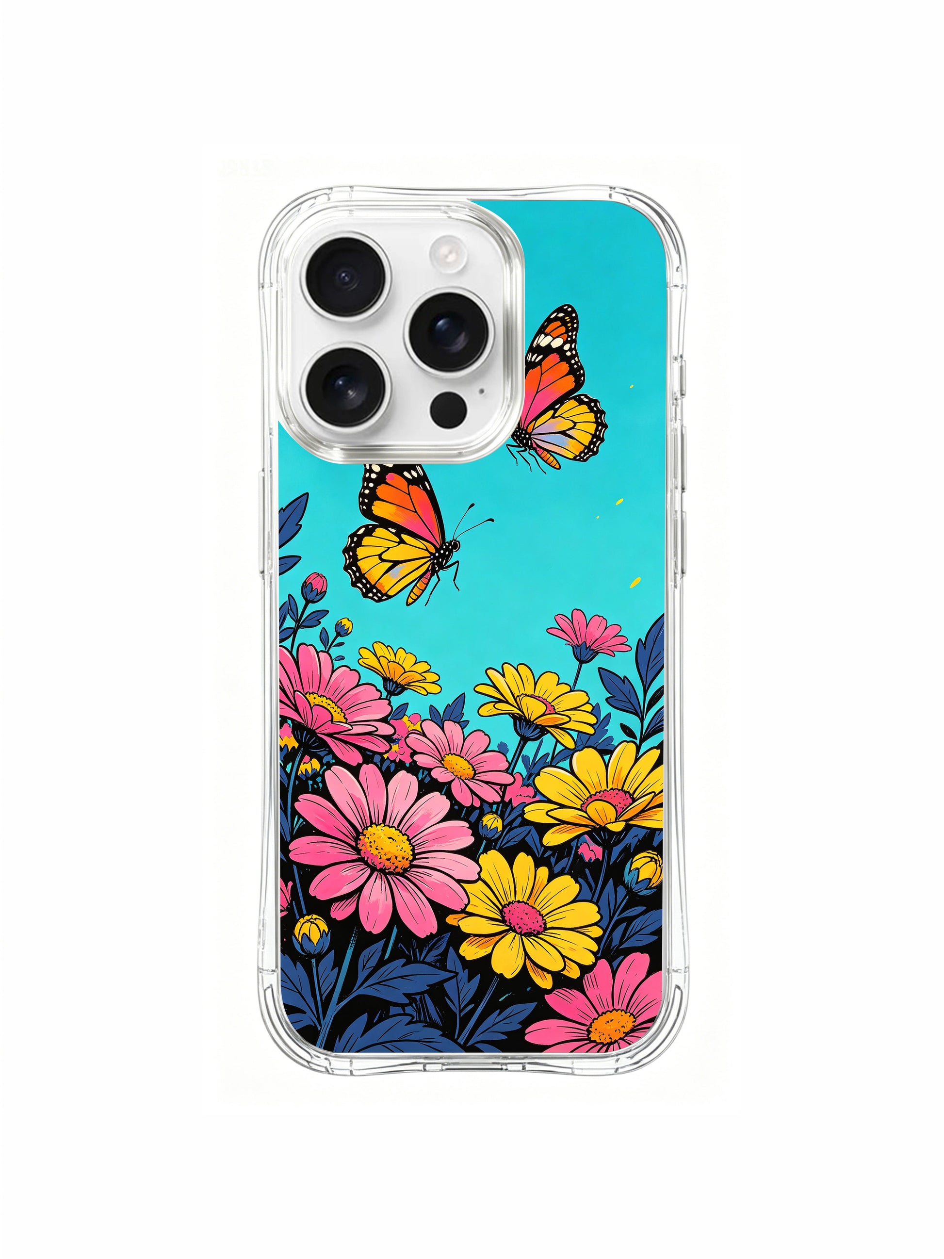 PhoneCasing burning meadow butterflies art on an iPhone 16 Pro Max Case, Aurora Bloom’s vivid scene of monarchs flying over a field of flowers with the energy of fire.