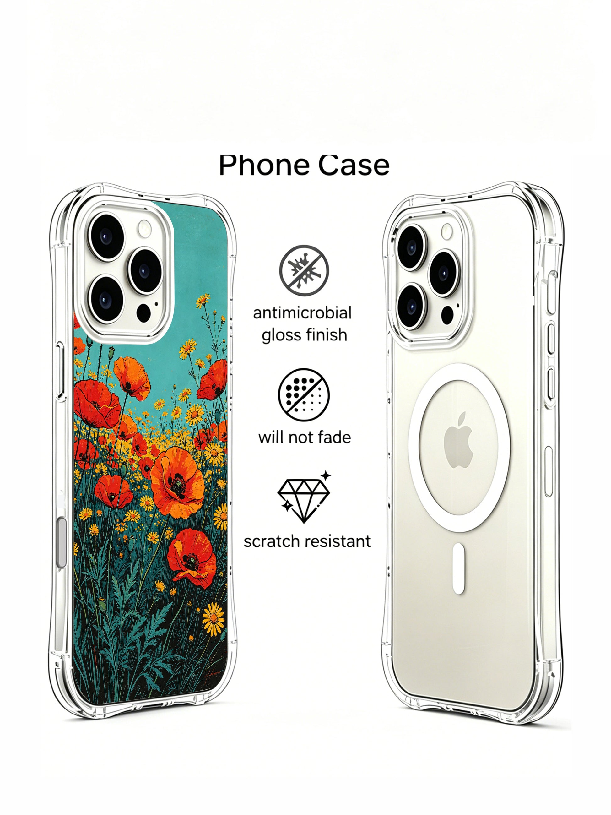 PhoneCasing Burning Poppy Field iPhone 16 Pro Max Case. Bold red and orange poppies grow in a lush meadow, creating a striking contrast with the teal sky above.